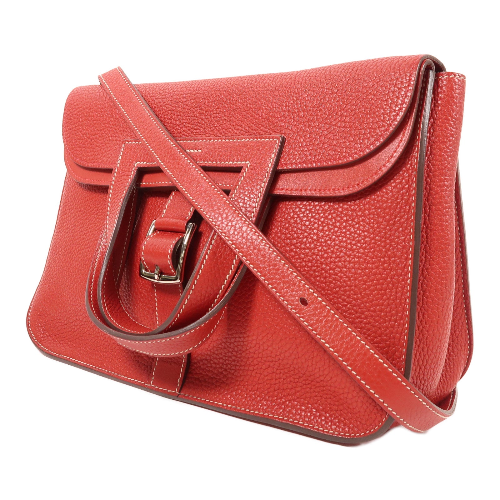 HERMES Togo皮革Halzan 31銀扣手挽肩背兩用袋Rouge Casaque