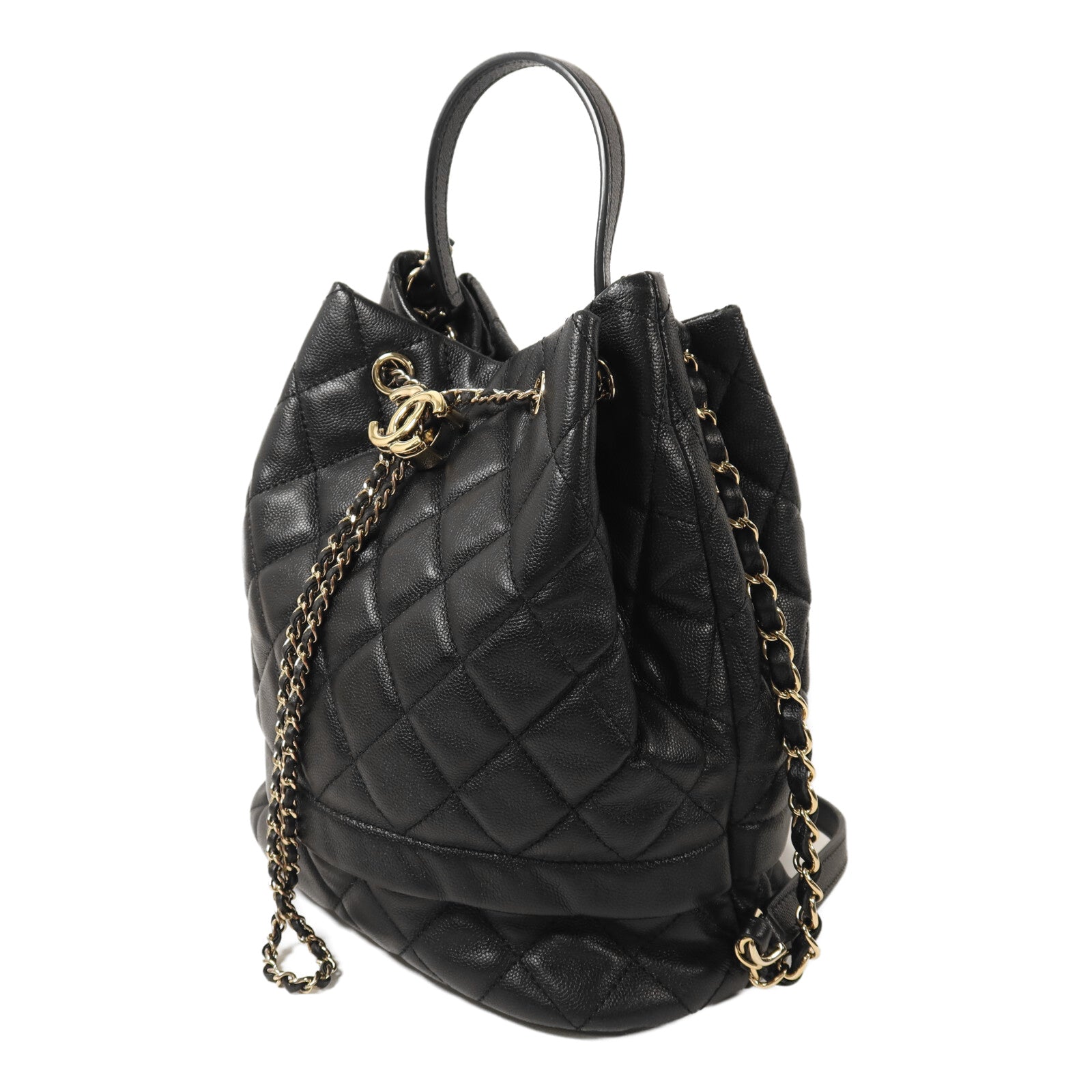 CHANEL 牛皮皮革Bucket Bag金扣鏈帶手挽肩背兩用袋