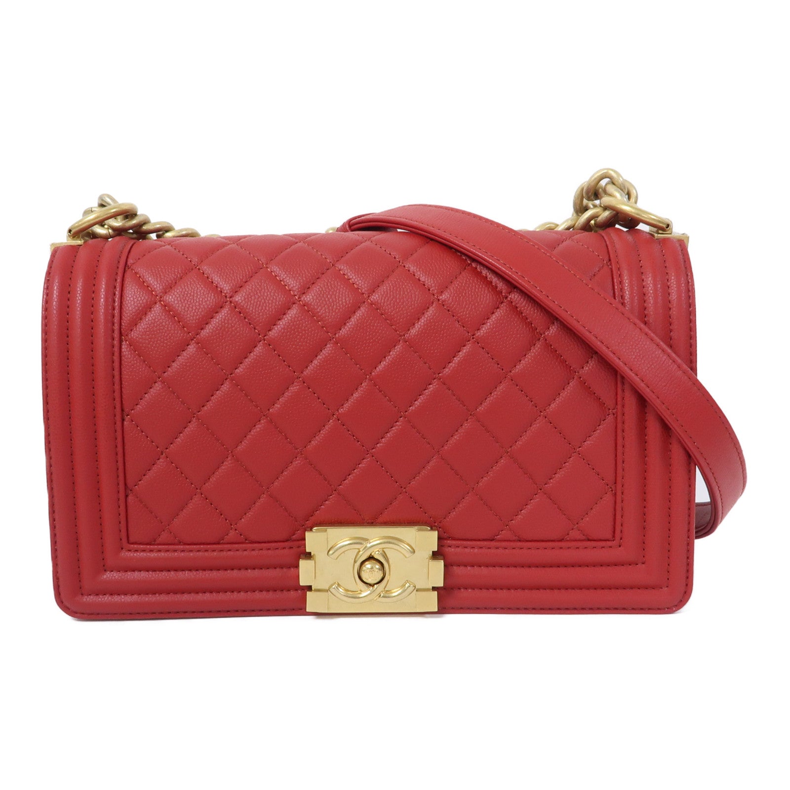 CHANEL 【激減優惠】菱格Caviar皮革Chain Shoulder Bag金扣鏈帶肩背袋紅色