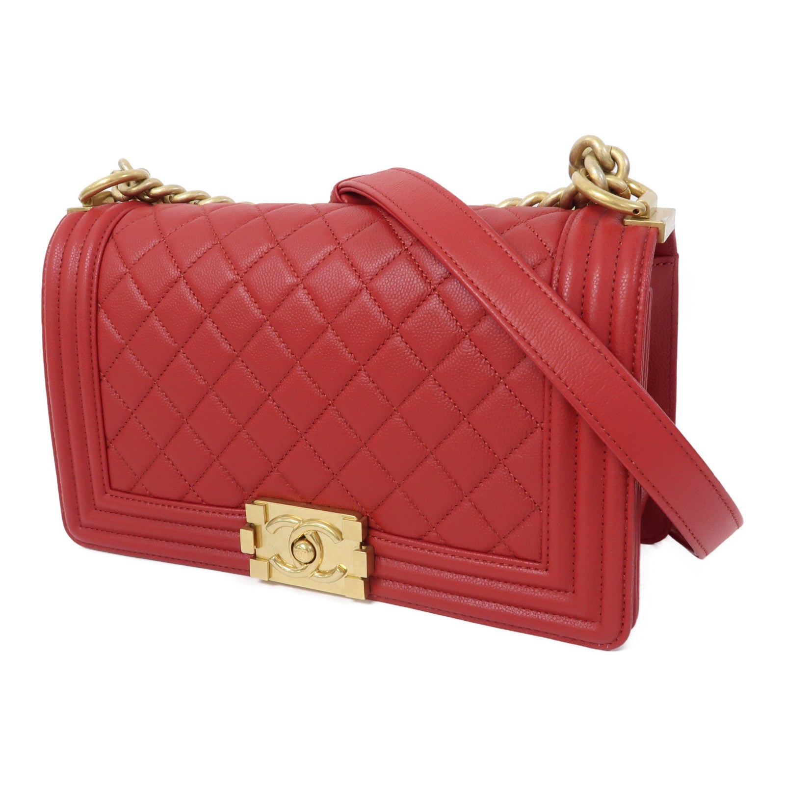 CHANEL 【激減優惠】菱格Caviar皮革Chain Shoulder Bag金扣鏈帶肩背袋紅色