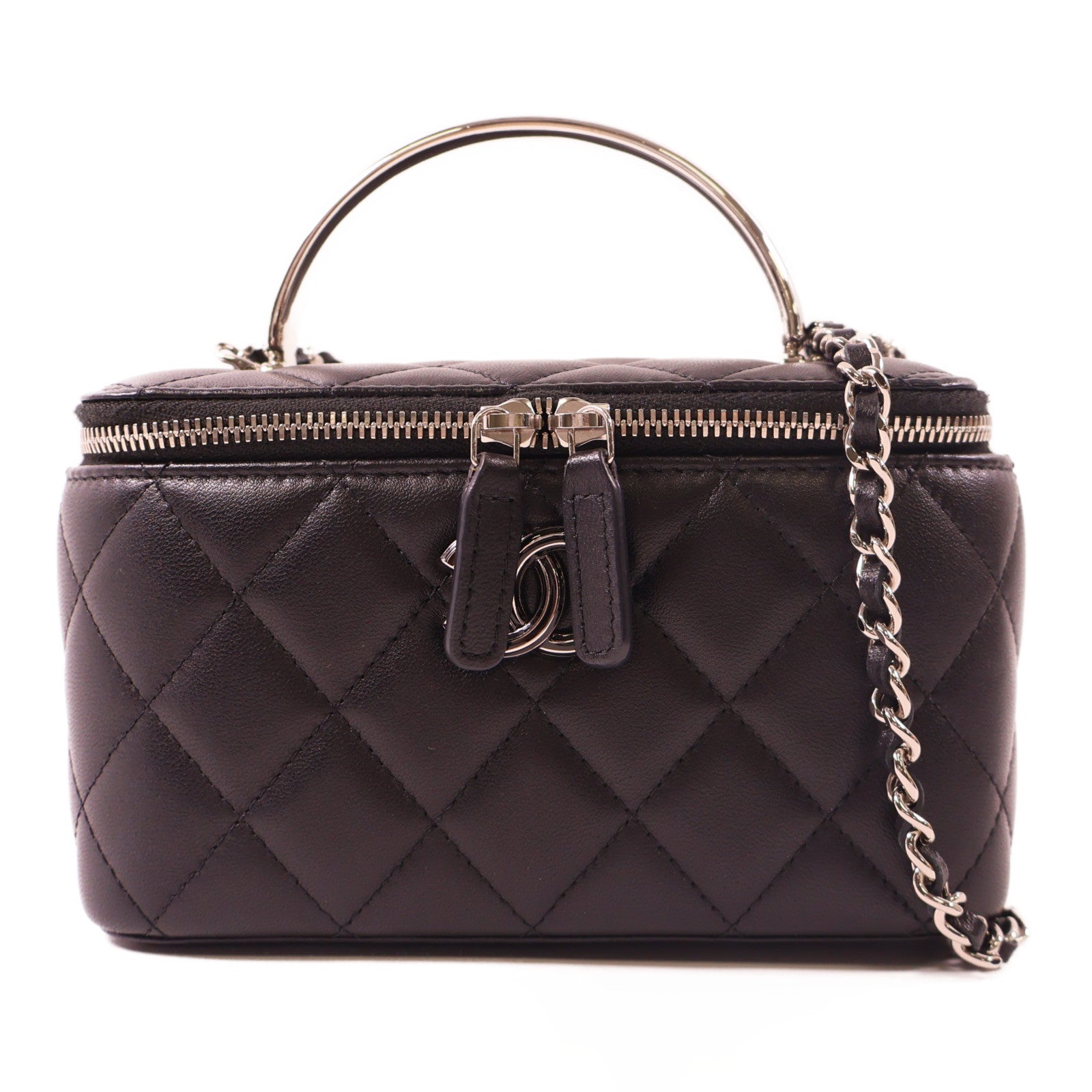 CHANEL 羊皮皮革Clutch With Chain銀扣鏈帶手挽肩背兩用袋黑色