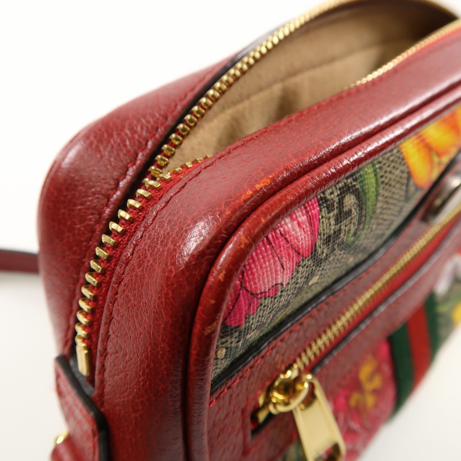 GUCCI 塗層帆布GG Superme Mini金扣肩背袋紅色/彩色