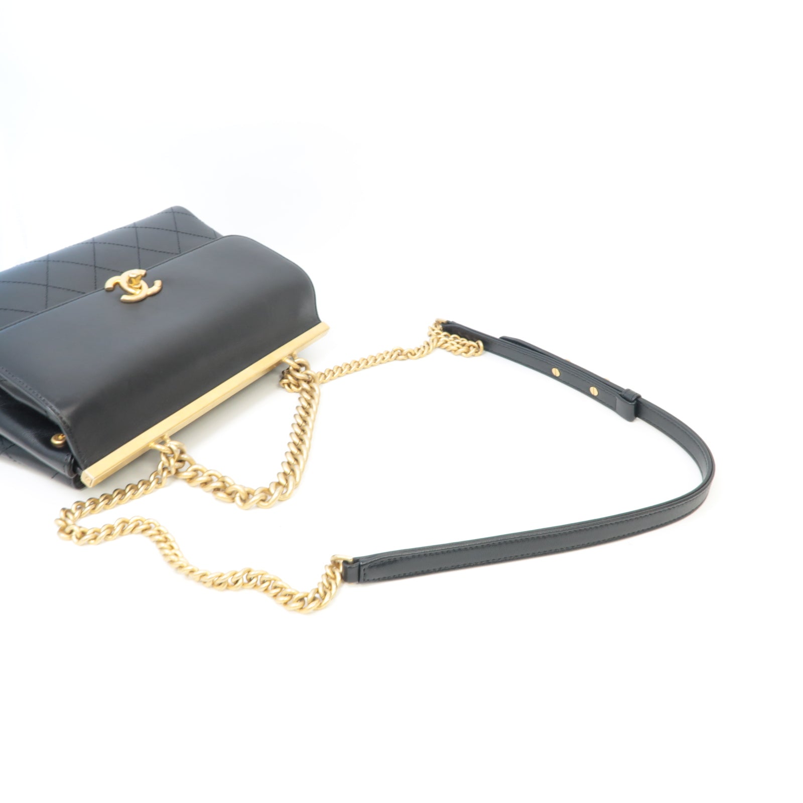 CHANEL 【激減優惠】菱格牛皮皮革2 Way Chain Shoulder金扣手挽肩背兩用鏈帶袋黑色