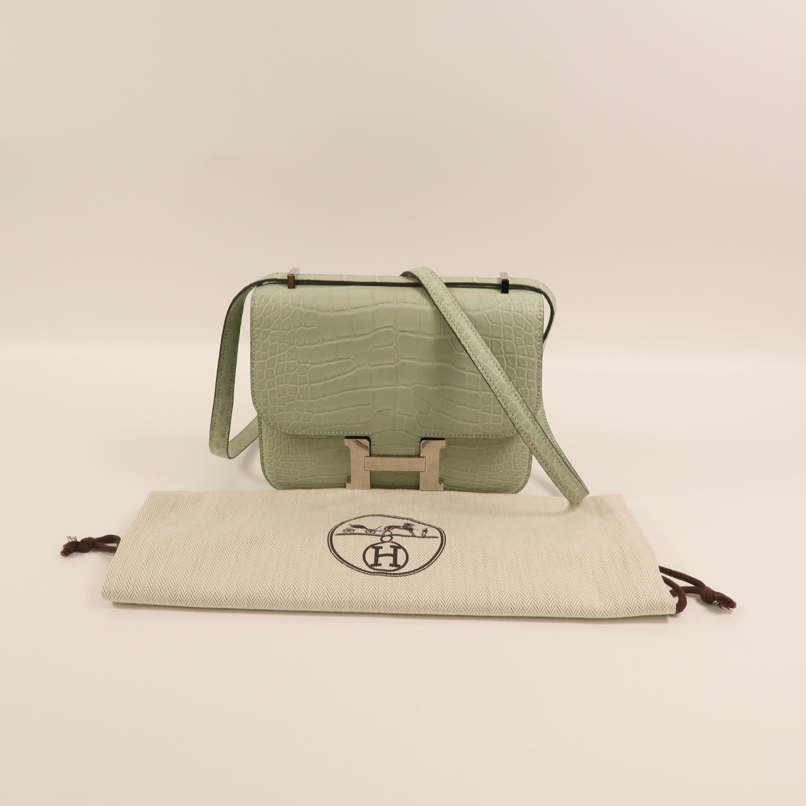 HERMES Alligator Mat皮革Constance Mini銀扣肩背袋Vert d'Eau