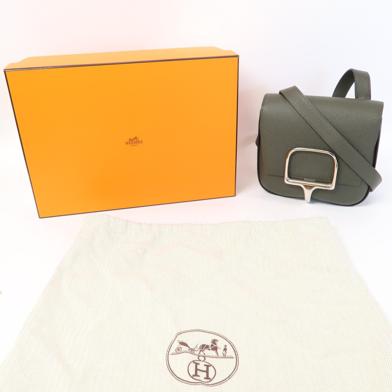 HERMES Epsom皮革Della Mini銀扣肩背袋Vert de Gris/灰色