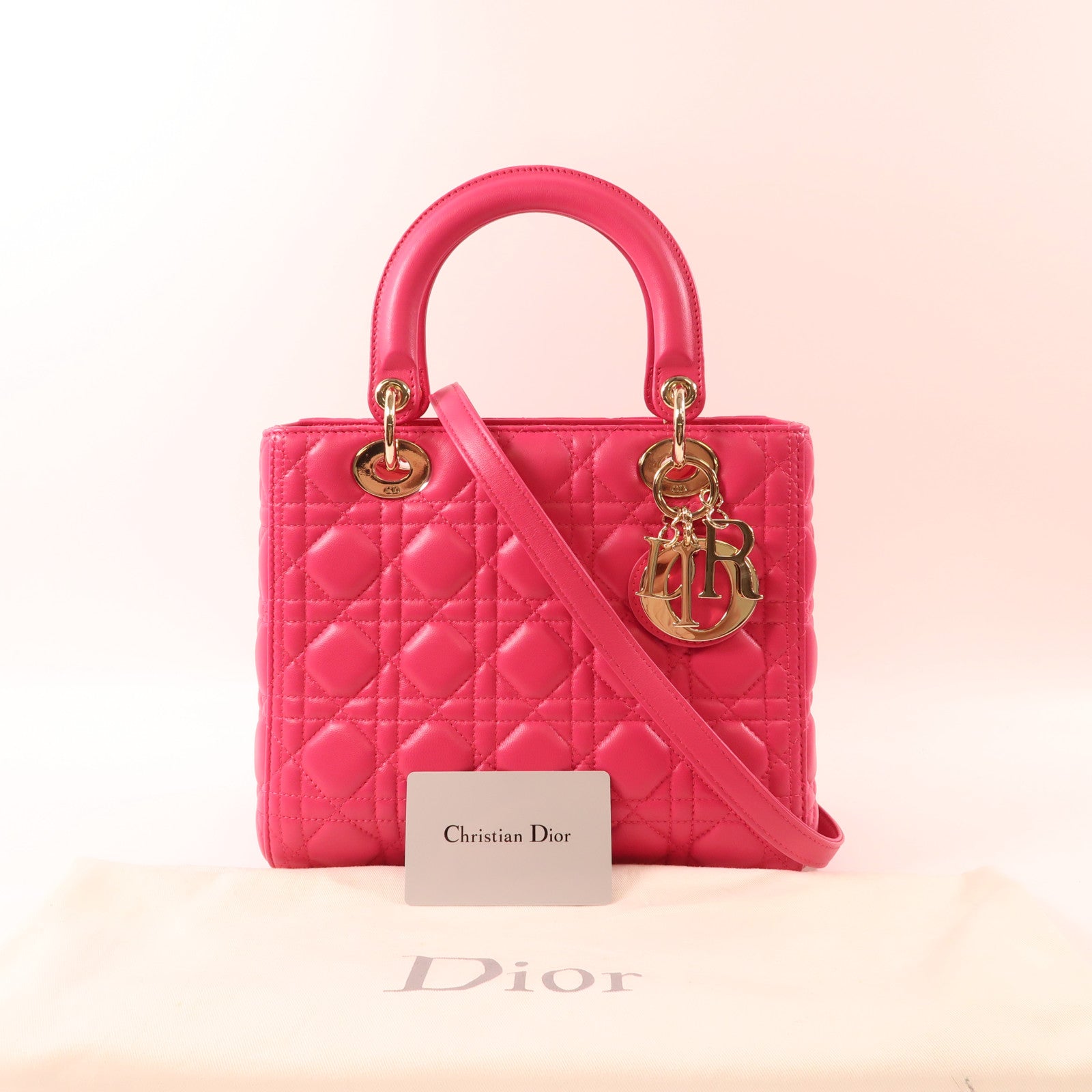 Dior 牛皮皮革Lady Dior金扣手挽肩背兩用袋桃紅色