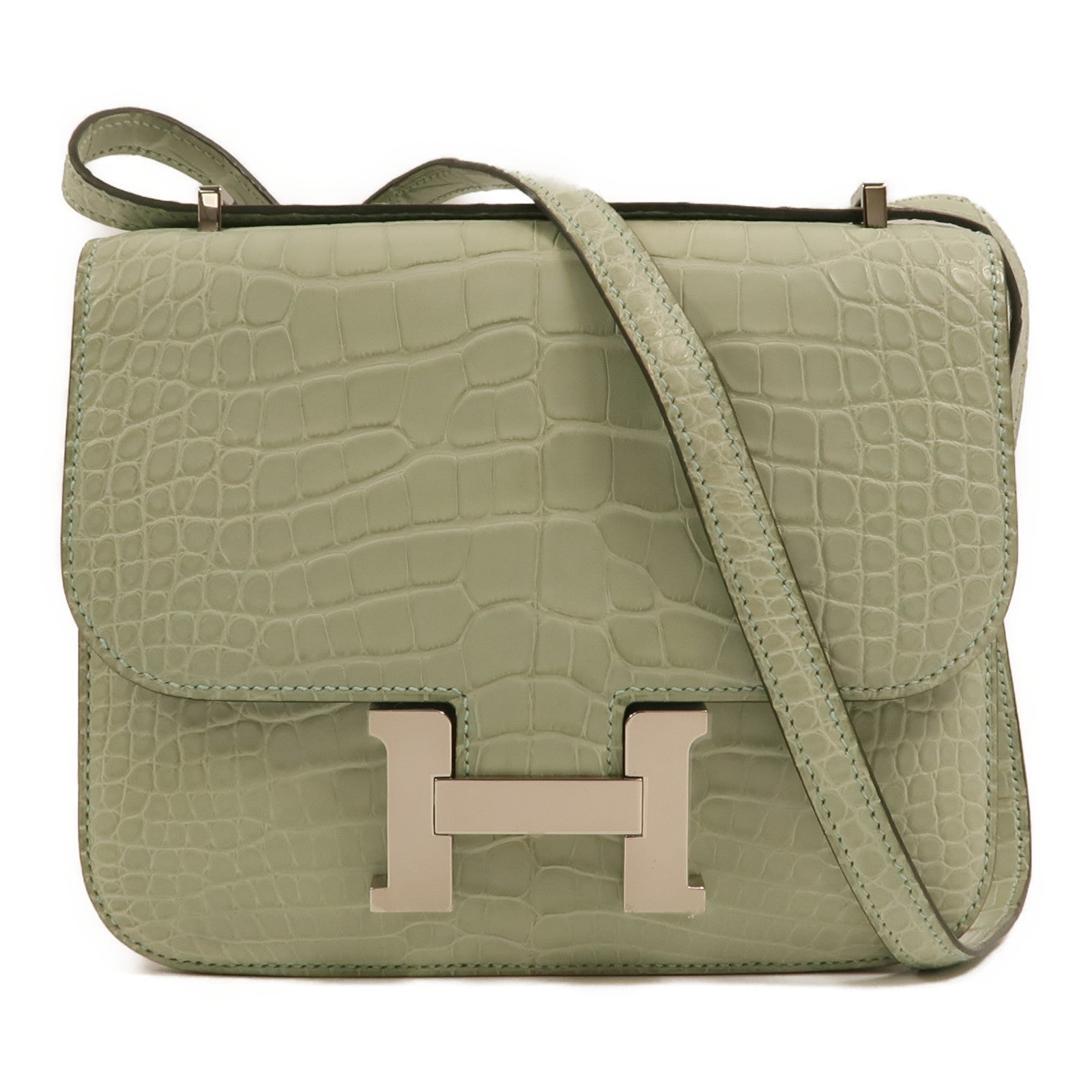 HERMES Alligator Mat皮革Constance Mini銀扣肩背袋Vert d'Eau