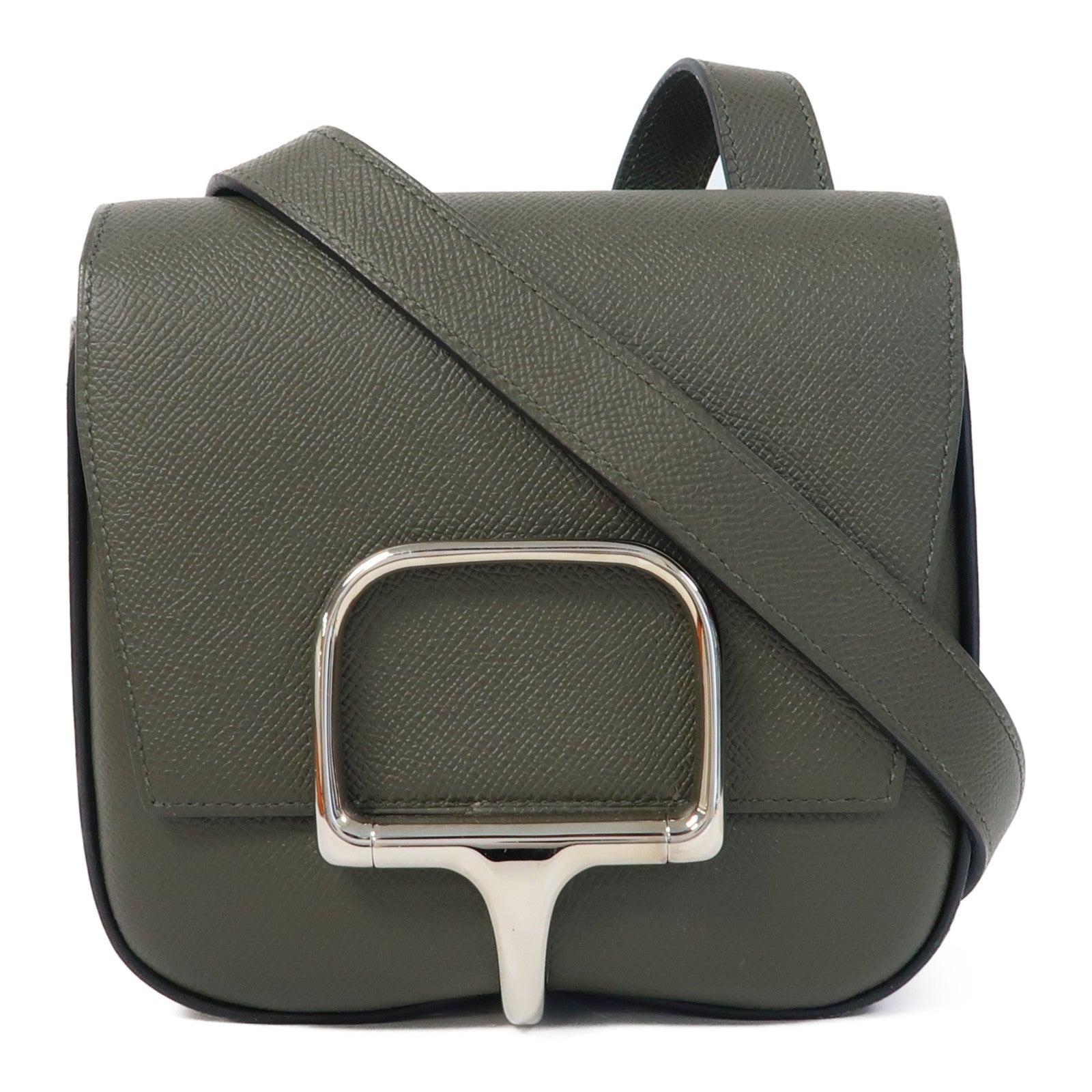 HERMES Epsom皮革Della Mini銀扣肩背袋Vert de Gris/灰色