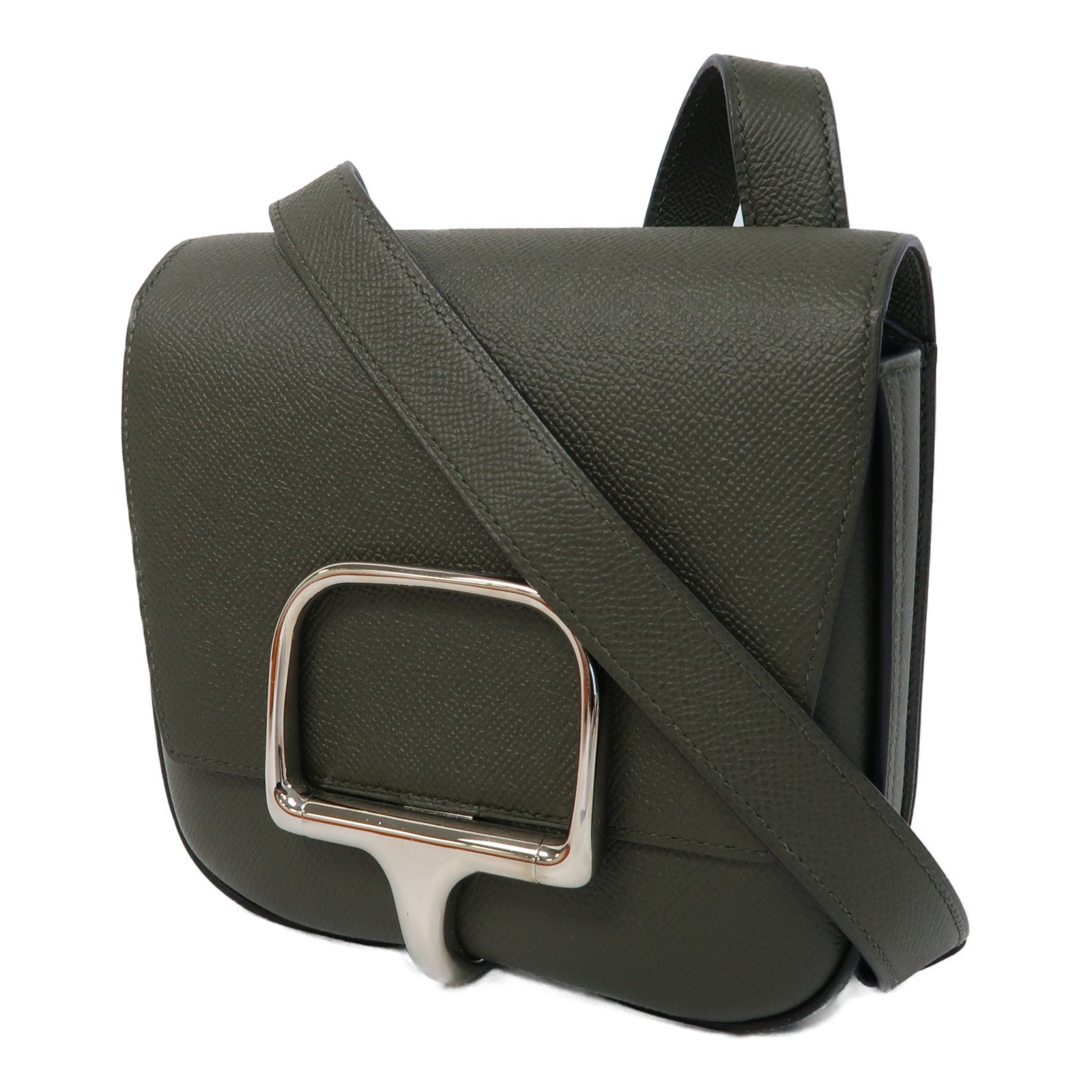 HERMES Epsom皮革Della Mini銀扣肩背袋Vert de Gris/灰色
