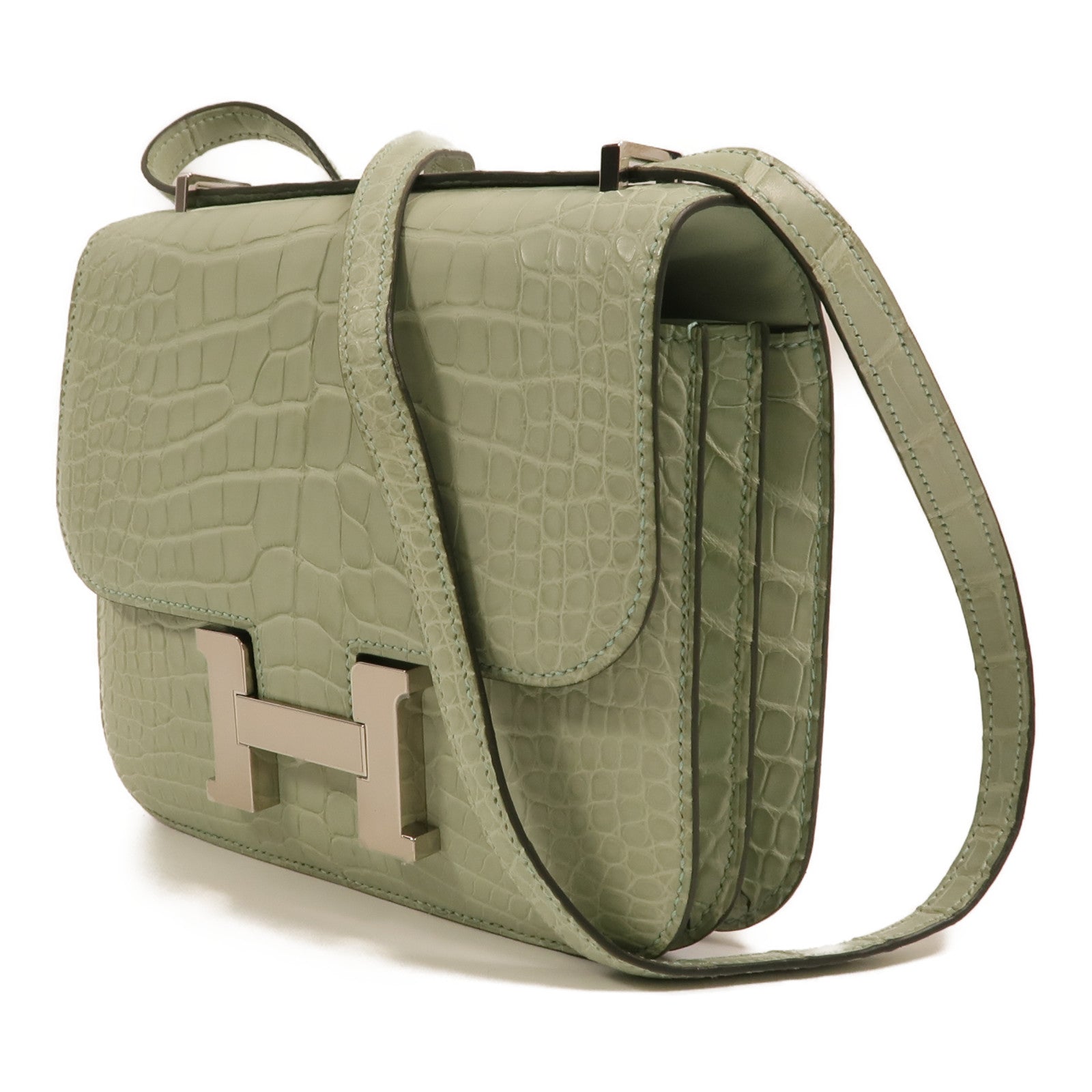 HERMES Alligator Mat皮革Constance Mini銀扣肩背袋Vert d'Eau