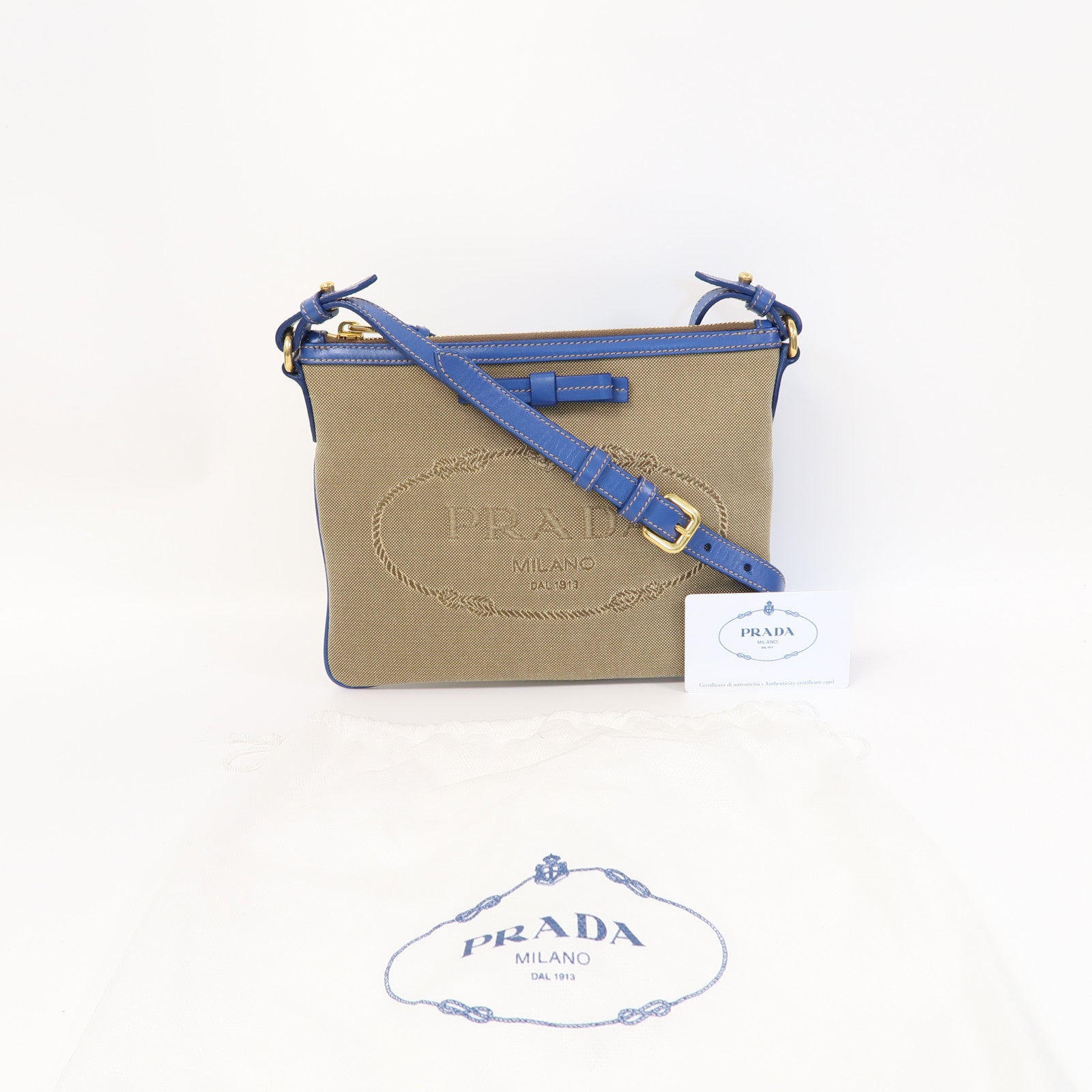 PRADA 帆布Logo Jacquard Shoulder Bag金扣肩背袋藍色/啡色