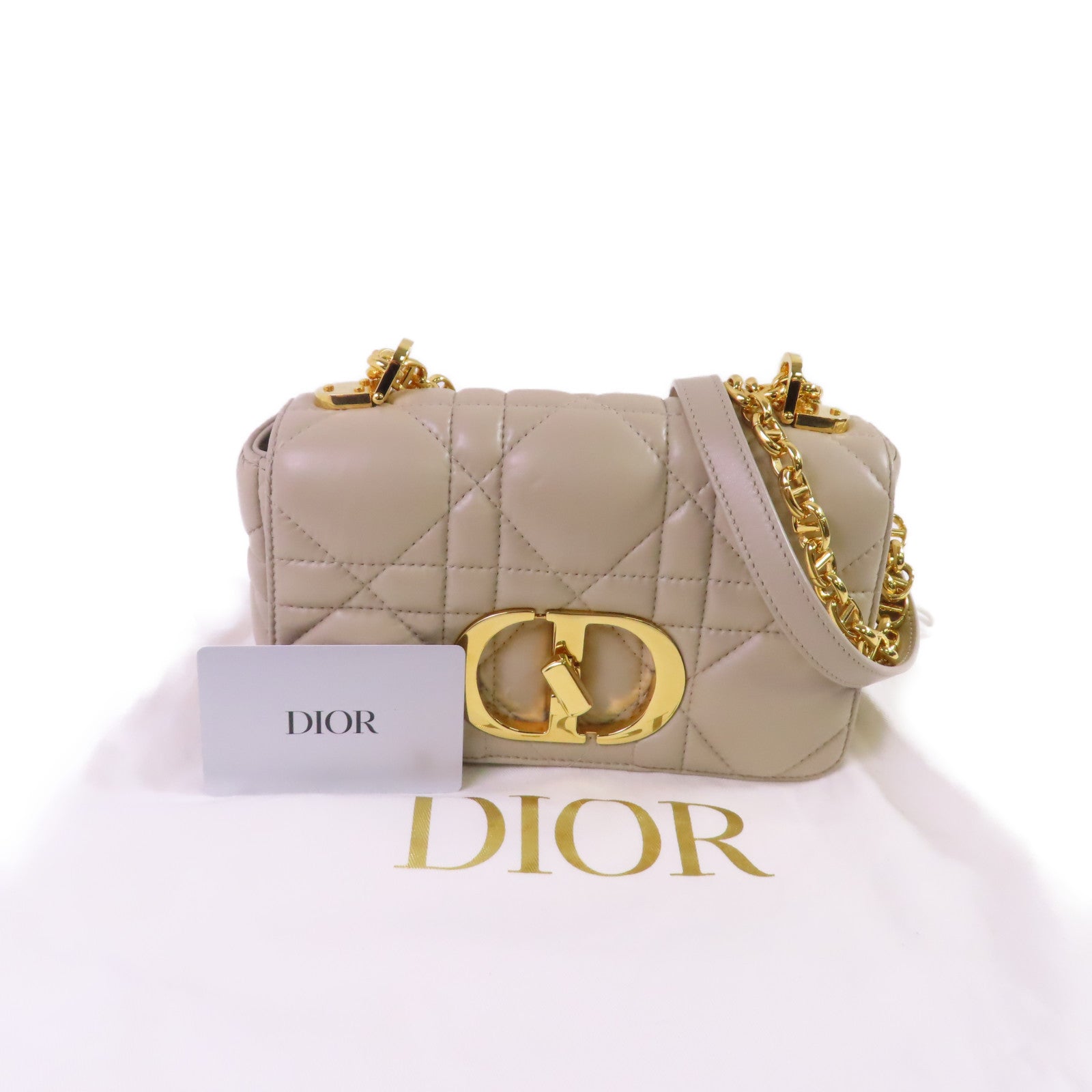 Dior 菱格羊皮皮革Caro Small Chain Shoulder Bag金扣鏈帶肩背袋杏色