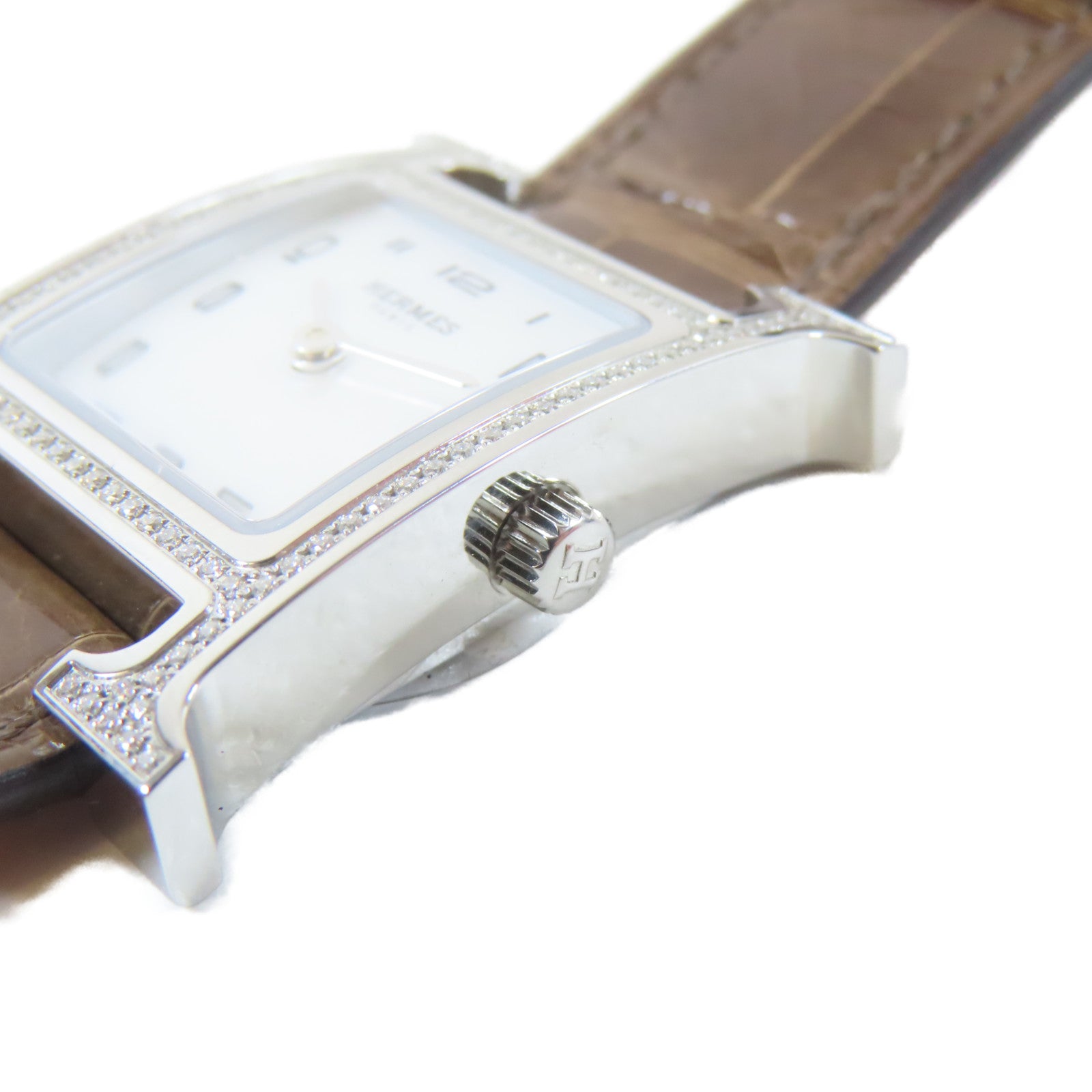 HERMES H Watch Diamond不鏽鋼/鑽石/鱷魚皮革帶石英機芯手錶白色/啡色#16cm