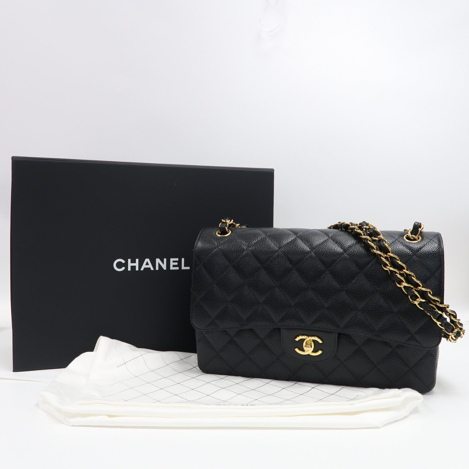 CHANEL 菱格皮革Classic Jumbo金扣鏈帶肩背袋黑色