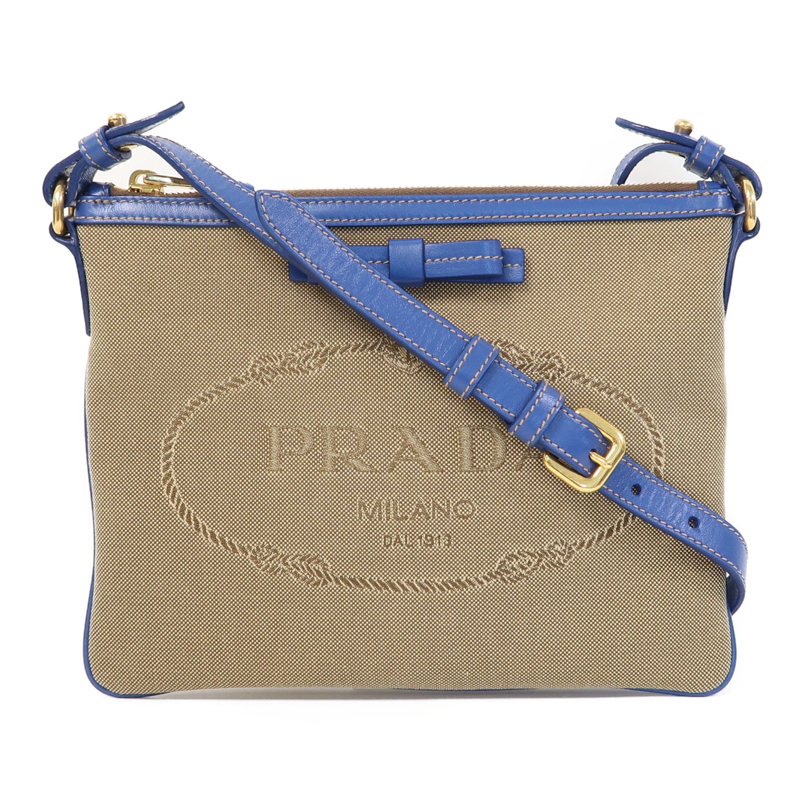 PRADA 帆布Logo Jacquard Shoulder Bag金扣肩背袋藍色/啡色