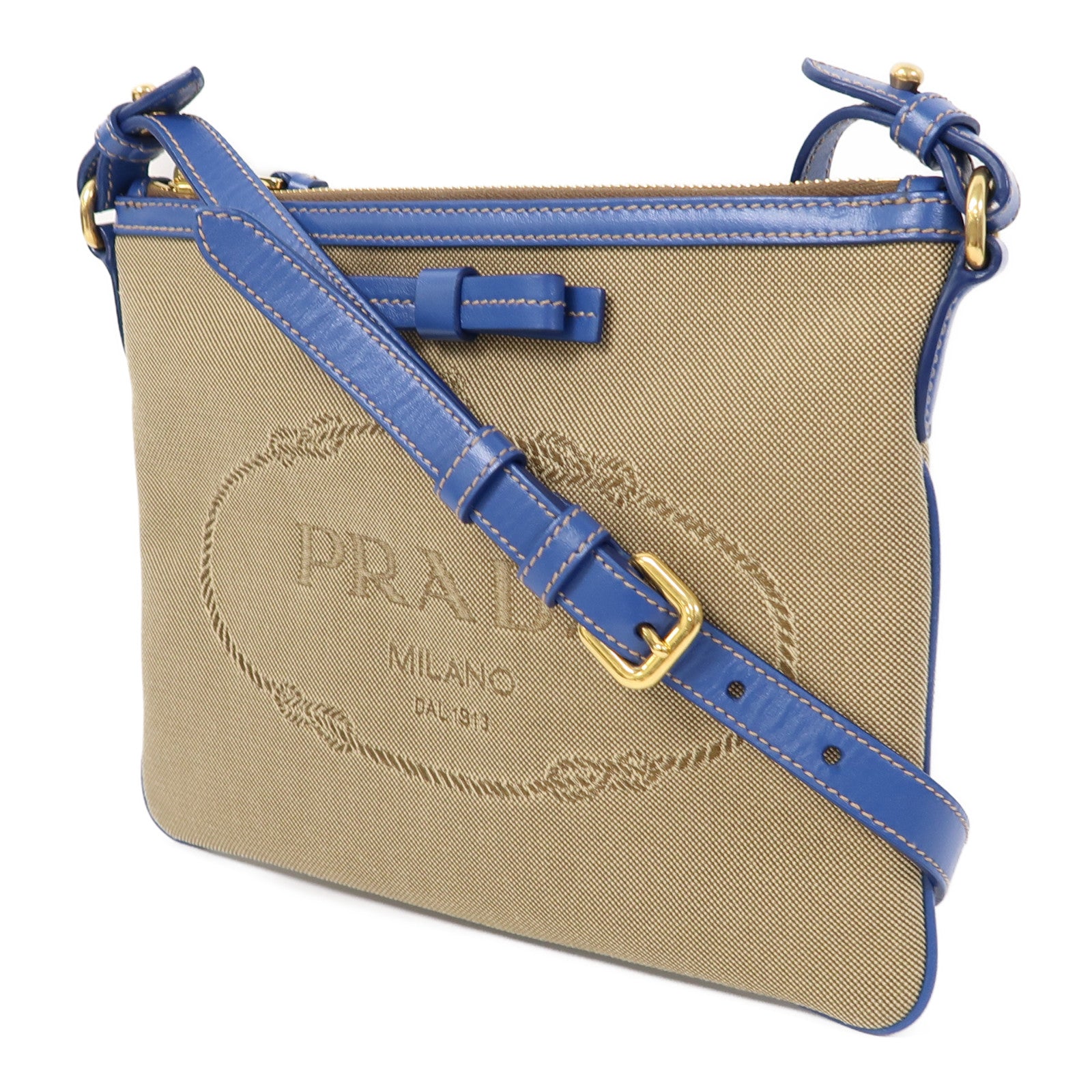 PRADA 帆布Logo Jacquard Shoulder Bag金扣肩背袋藍色/啡色
