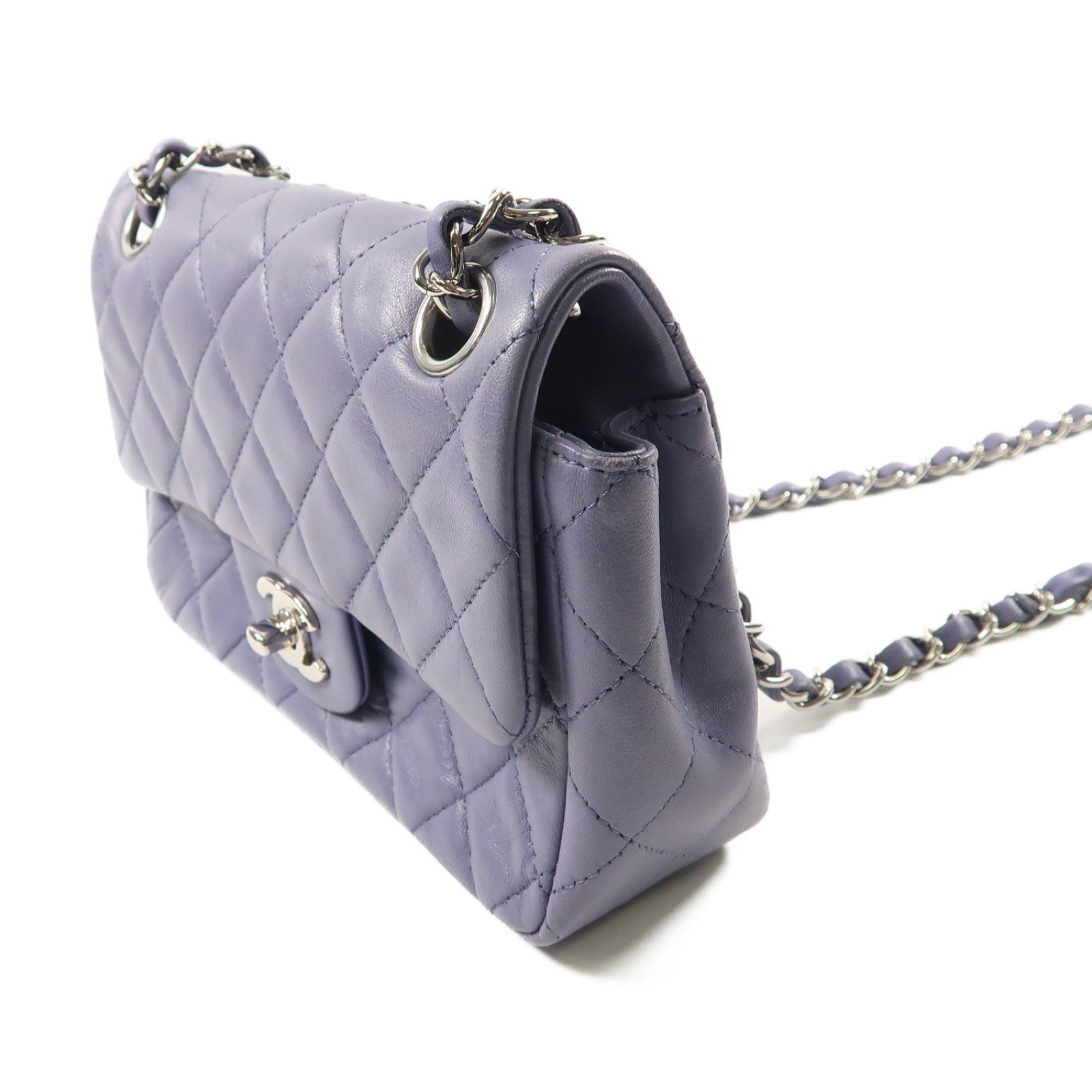 CHANEL 菱格羊皮皮革Classic銀扣鏈帶肩背袋紫色