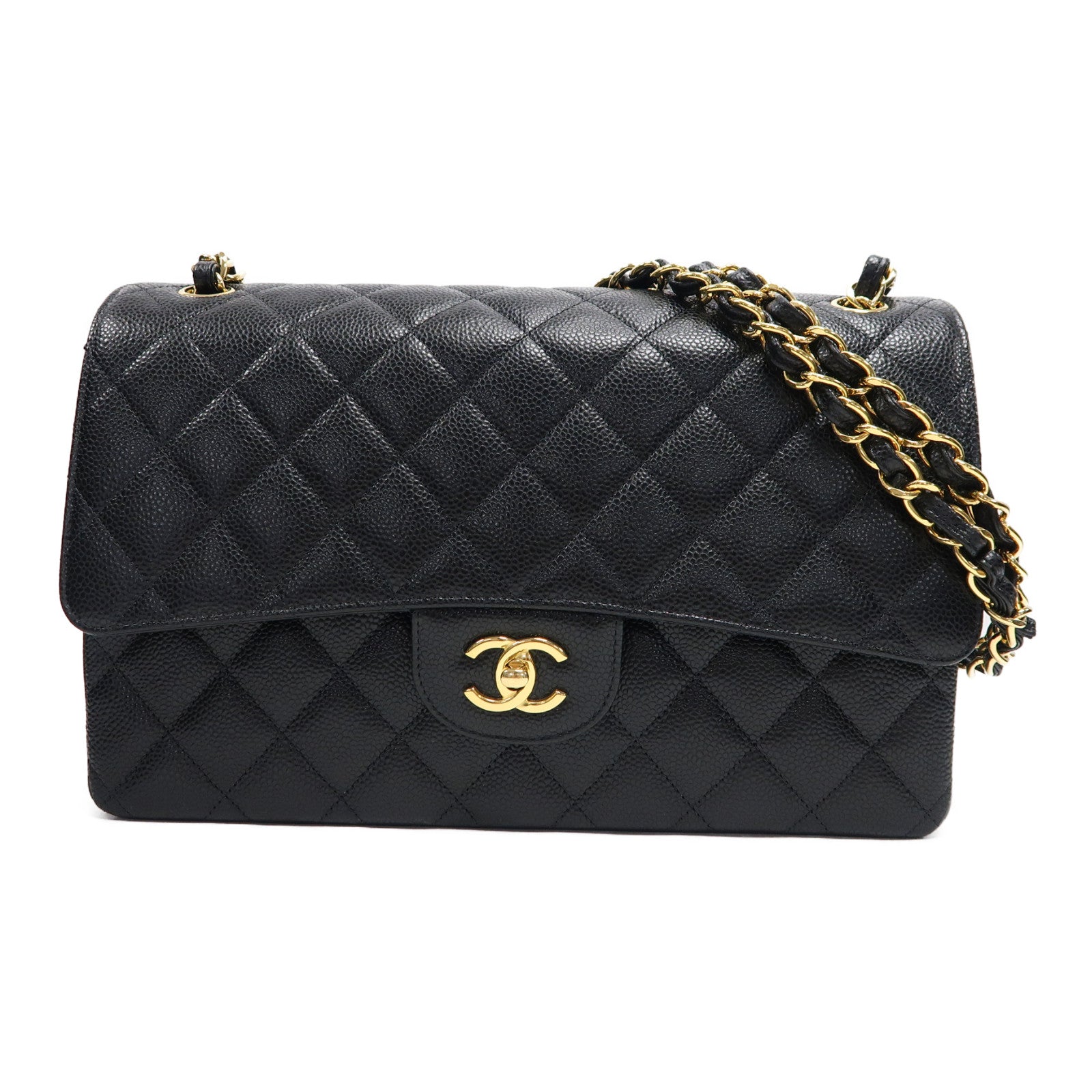 CHANEL 菱格皮革Classic Jumbo金扣鏈帶肩背袋黑色