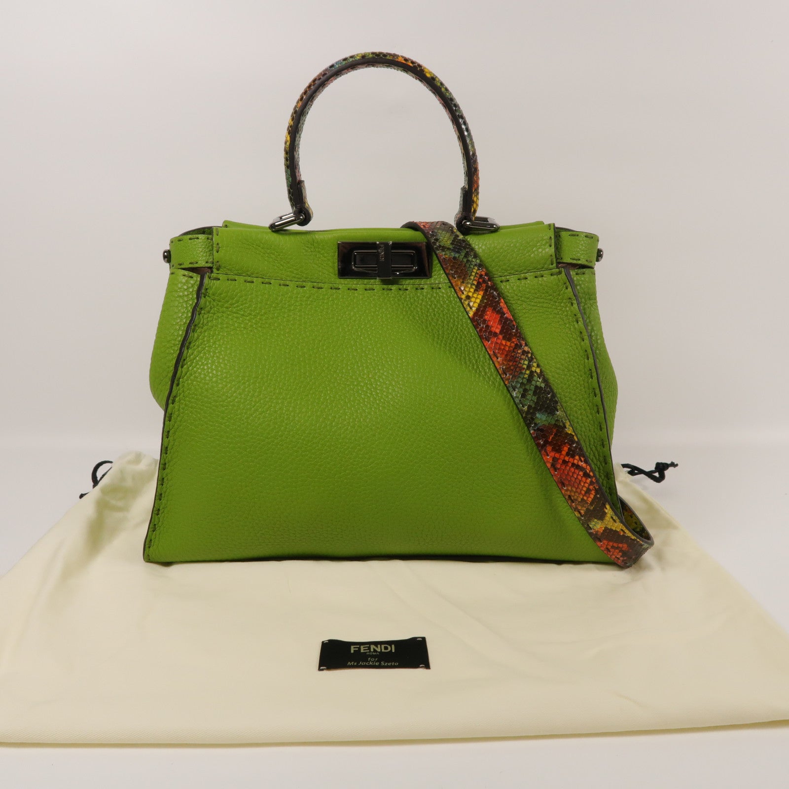 FENDI 牛皮/蛇皮革Peekaboo銀扣手挽肩背兩用袋