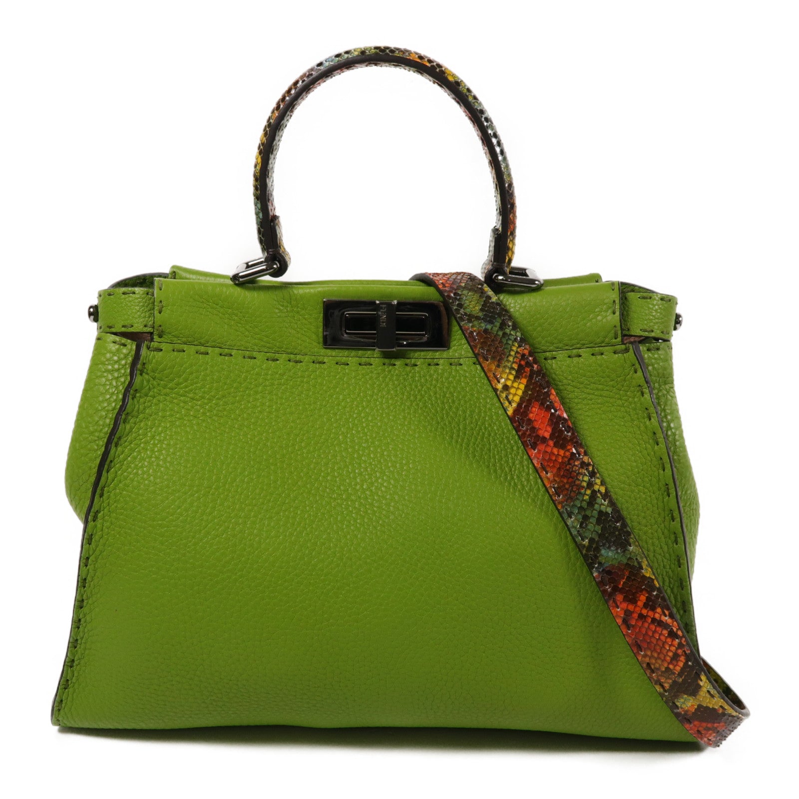 FENDI 牛皮/蛇皮革Peekaboo銀扣手挽肩背兩用袋