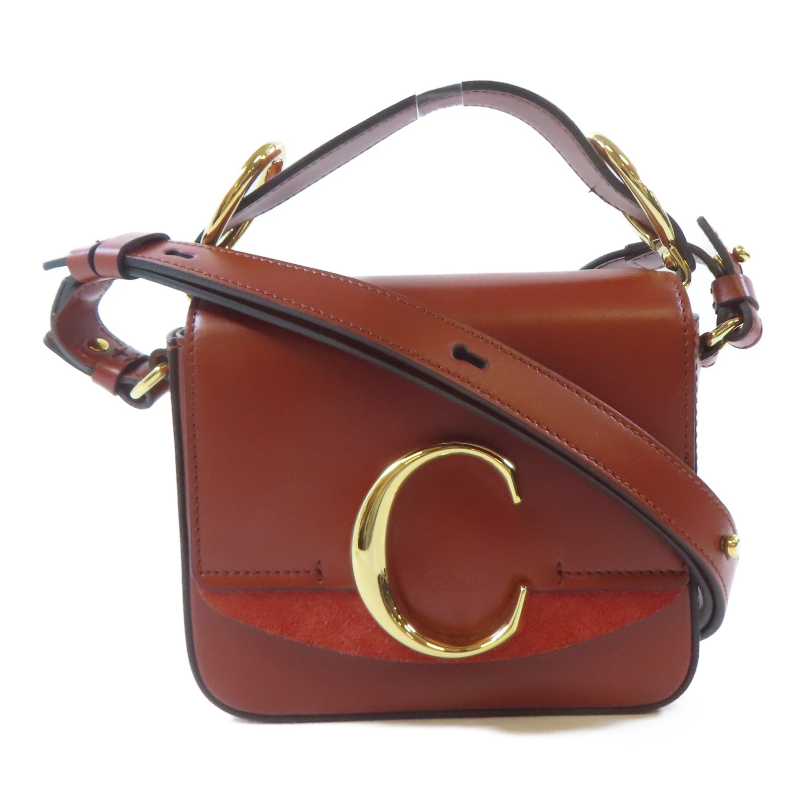 Chloe 牛皮皮革/麂皮皮革Mini C Bag金扣手挽肩背兩用袋啡紅色