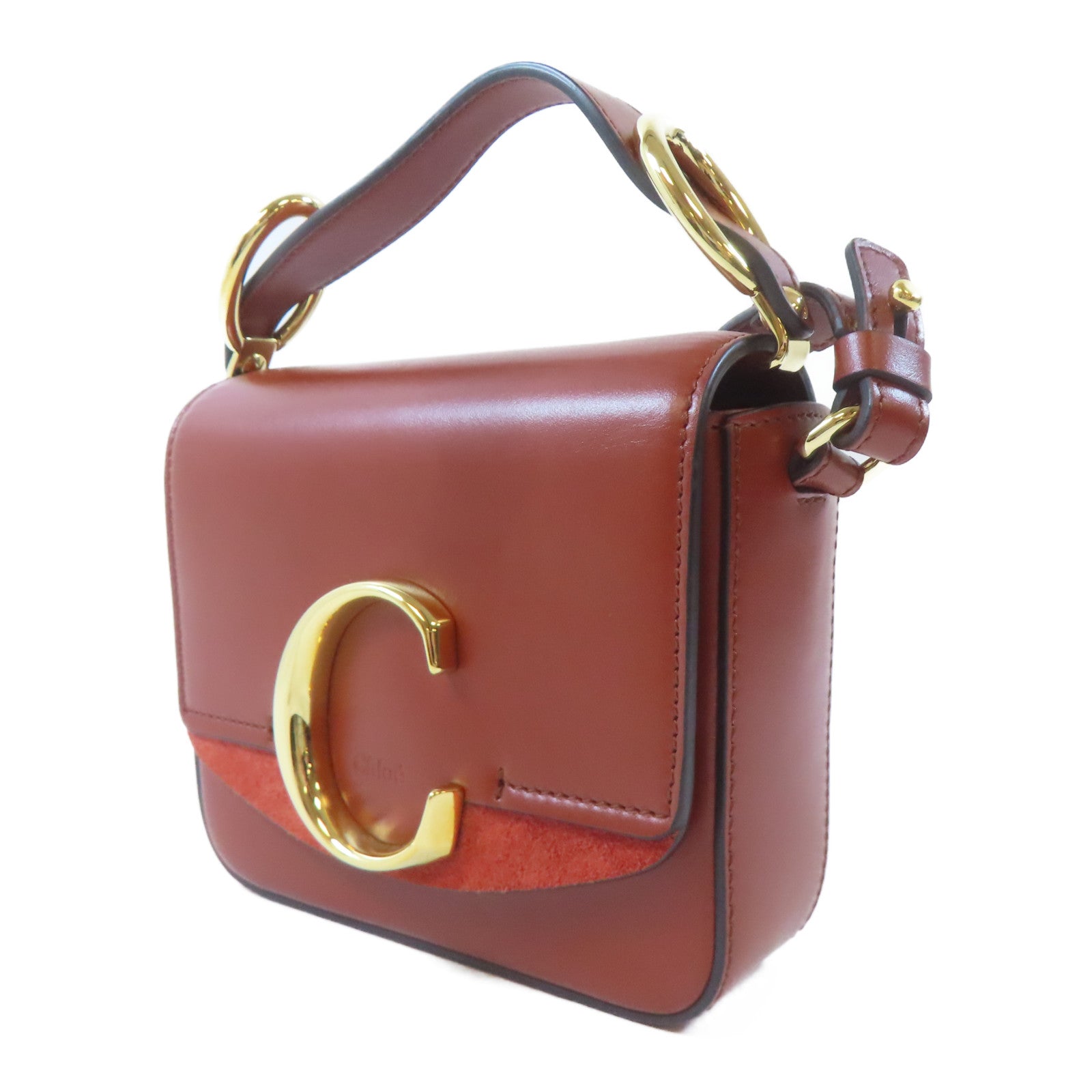 Chloe 牛皮皮革/麂皮皮革Mini C Bag金扣手挽肩背兩用袋啡紅色