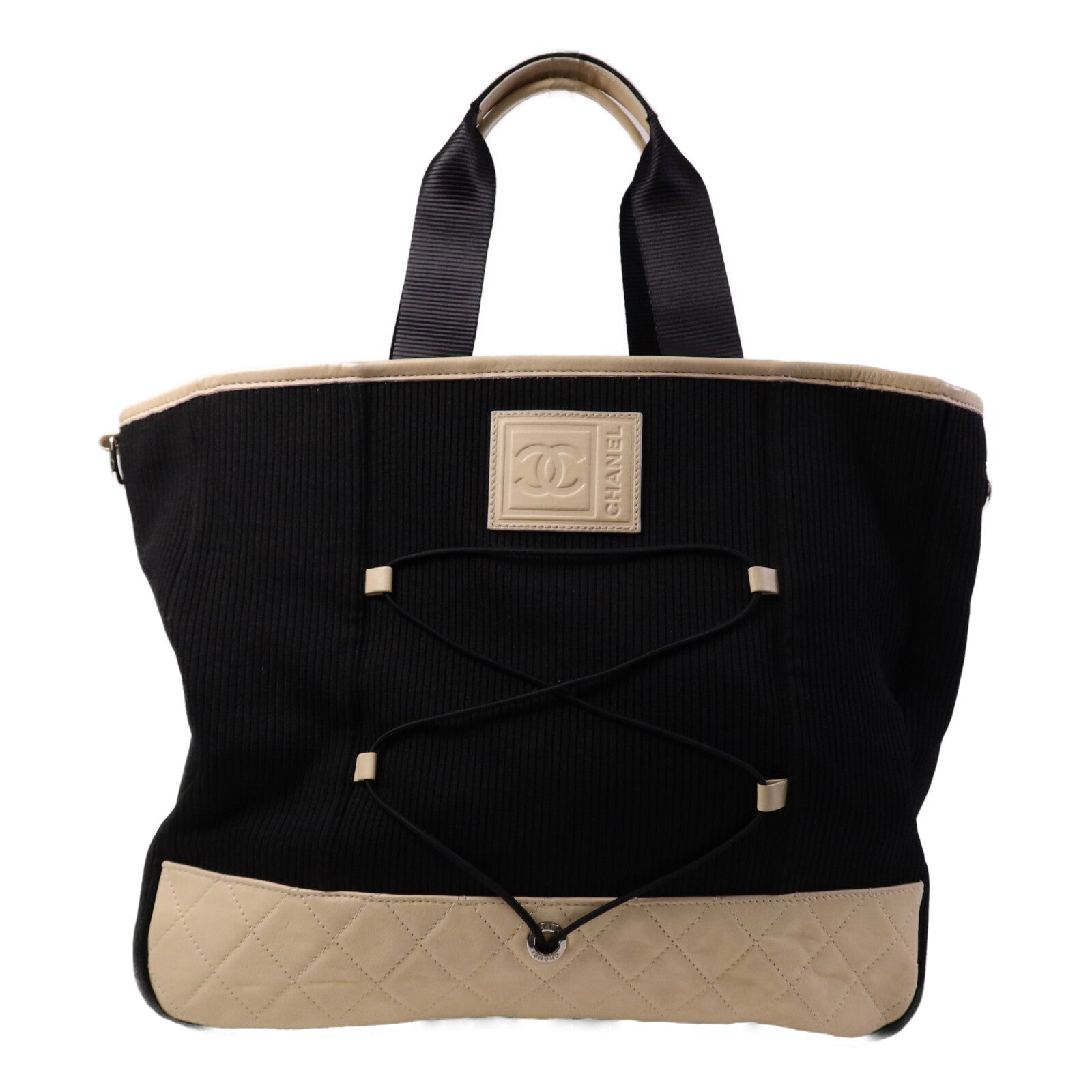 CHANEL 牛皮皮革/帆布Tote Bag銀扣肩背袋