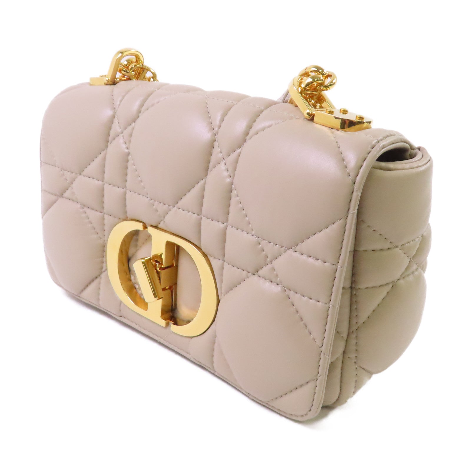 Dior 菱格羊皮皮革Caro Small Chain Shoulder Bag金扣鏈帶肩背袋杏色