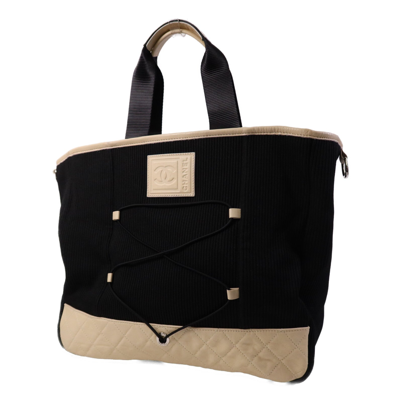 CHANEL 牛皮皮革/帆布Tote Bag銀扣肩背袋