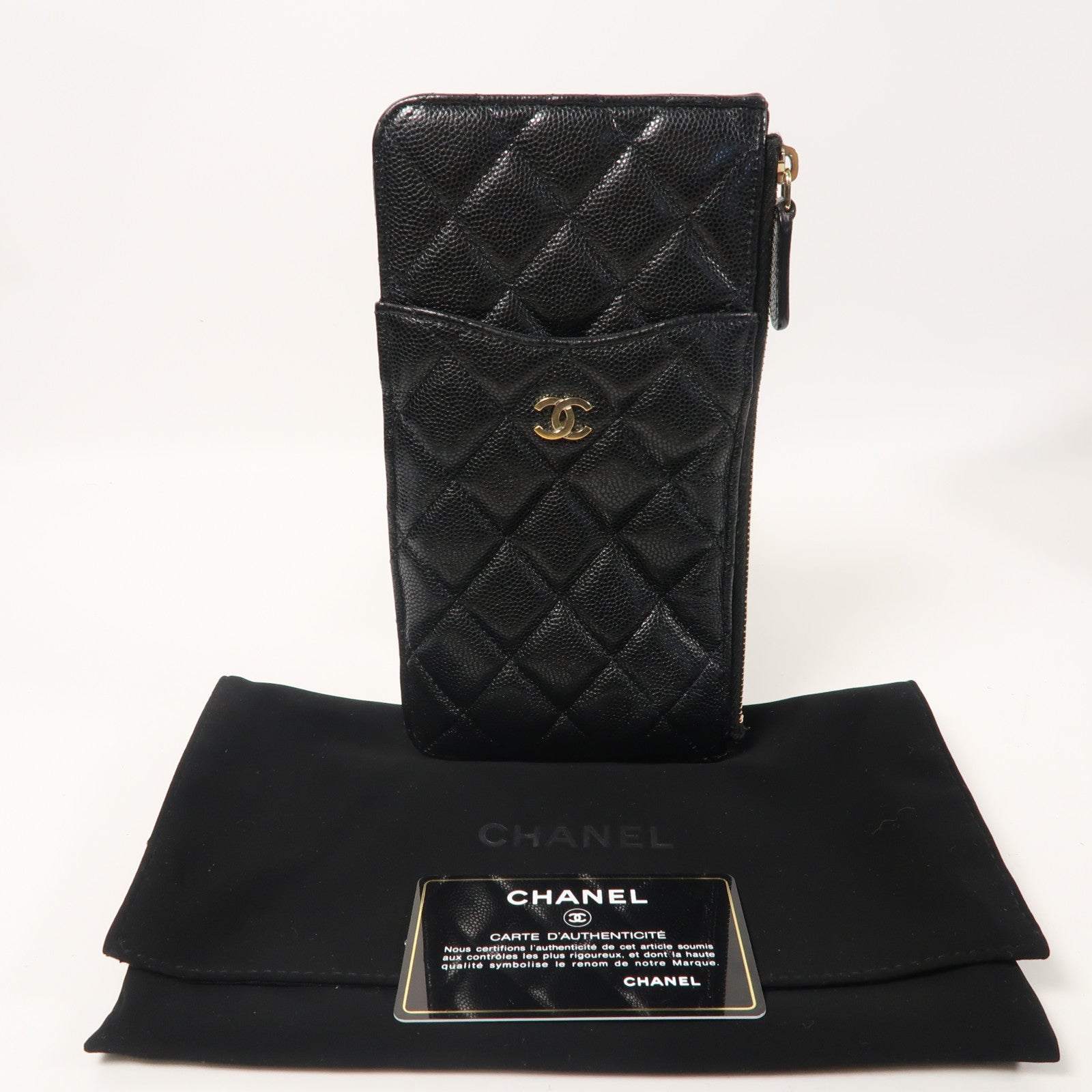CHANEL 菱格Caviar皮革Zipper Long Wallet金扣拉鍊長錢包黑色