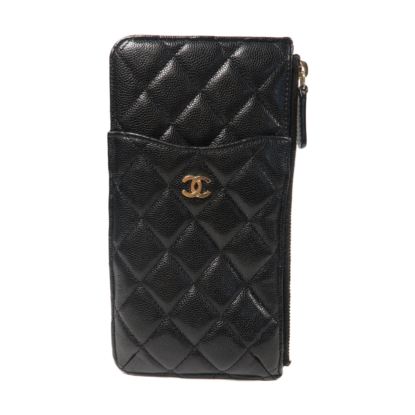 CHANEL 菱格Caviar皮革Zipper Long Wallet金扣拉鍊長錢包黑色