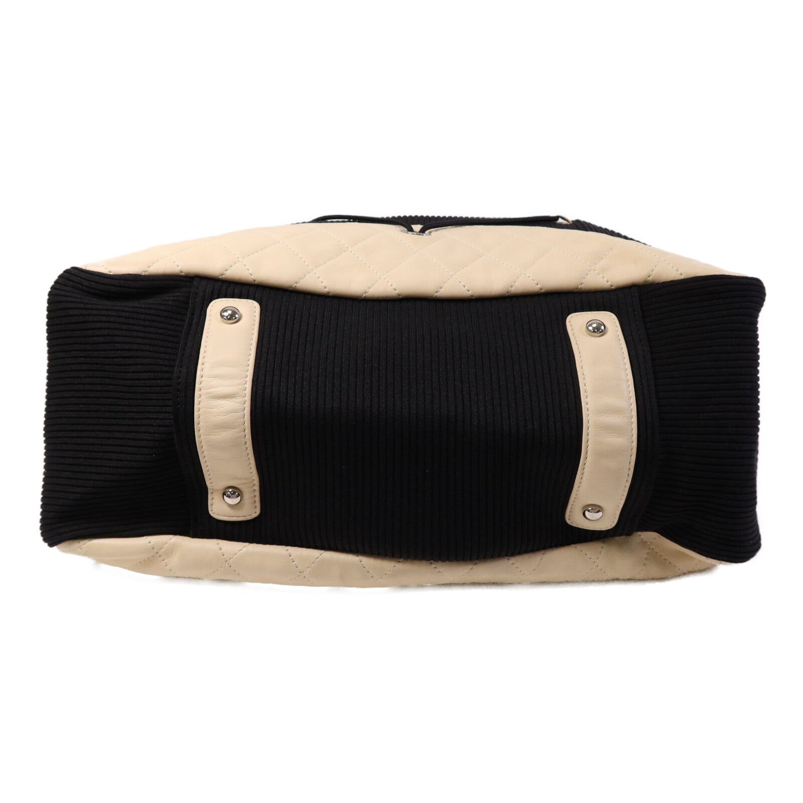 CHANEL 牛皮皮革/帆布Tote Bag銀扣肩背袋
