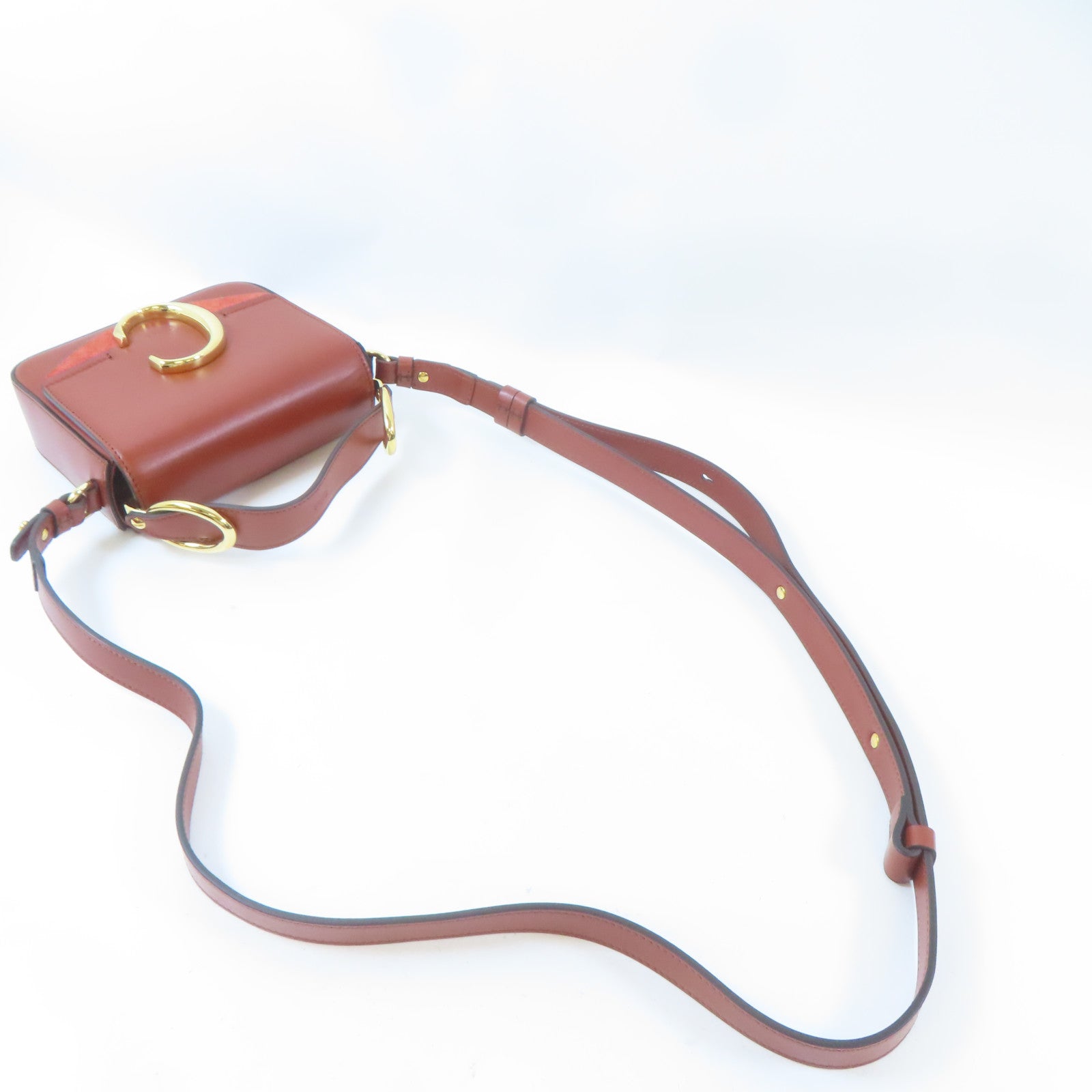 Chloe 牛皮皮革/麂皮皮革Mini C Bag金扣手挽肩背兩用袋啡紅色