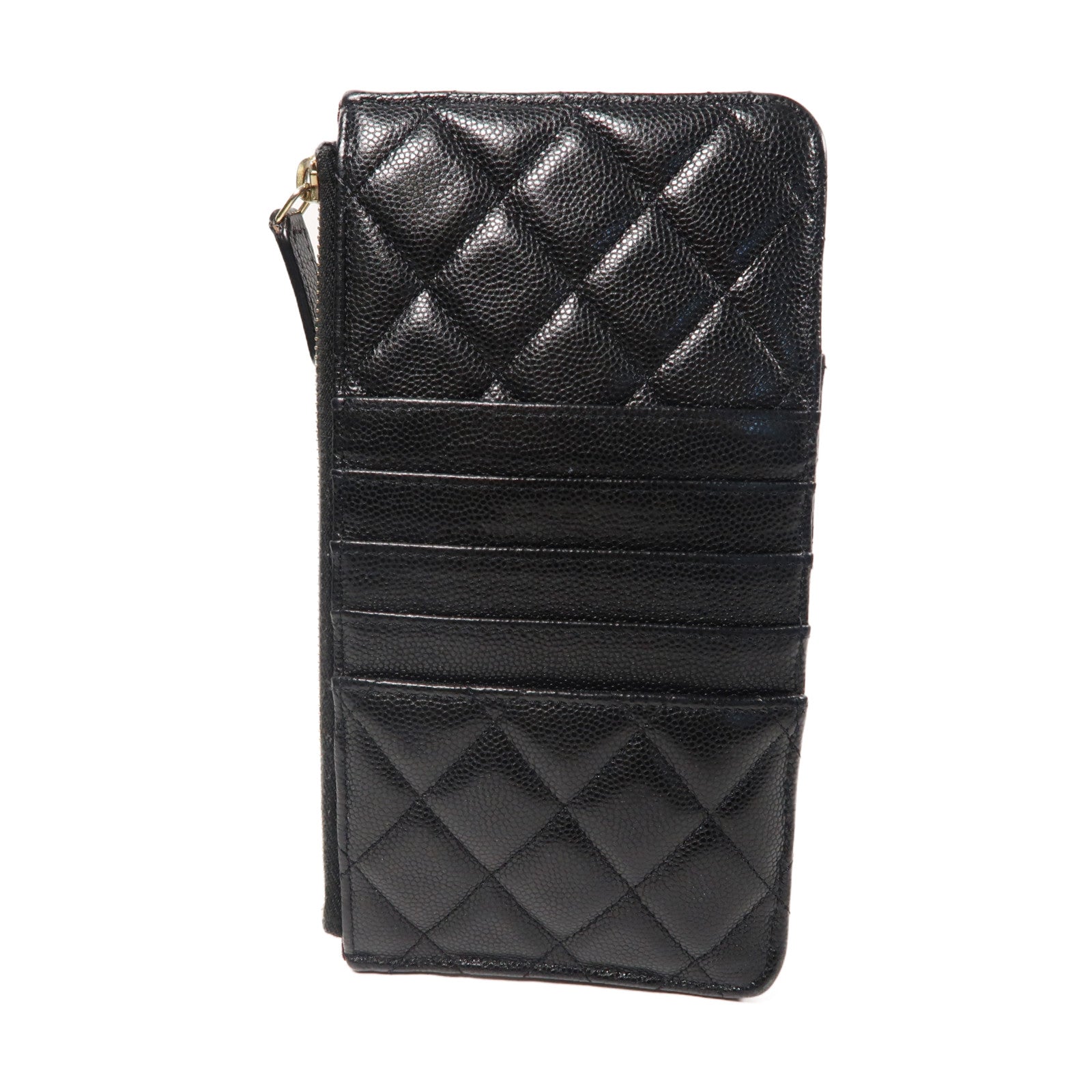 CHANEL 菱格Caviar皮革Zipper Long Wallet金扣拉鍊長錢包黑色