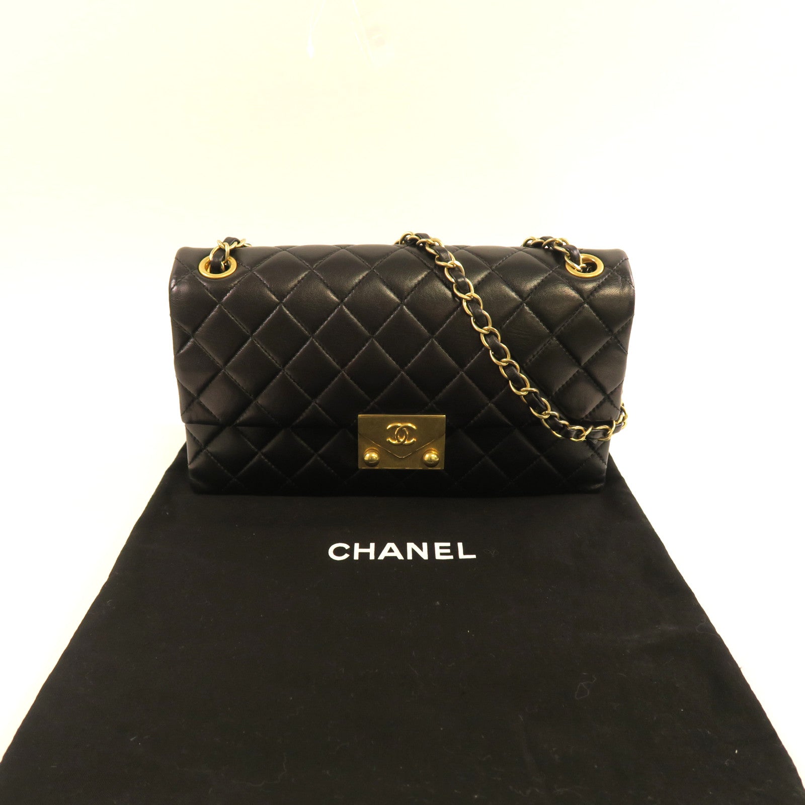 CHANEL 【激減優惠】菱格羊皮皮革Chain Shoulder金扣鏈帶肩背袋黑色