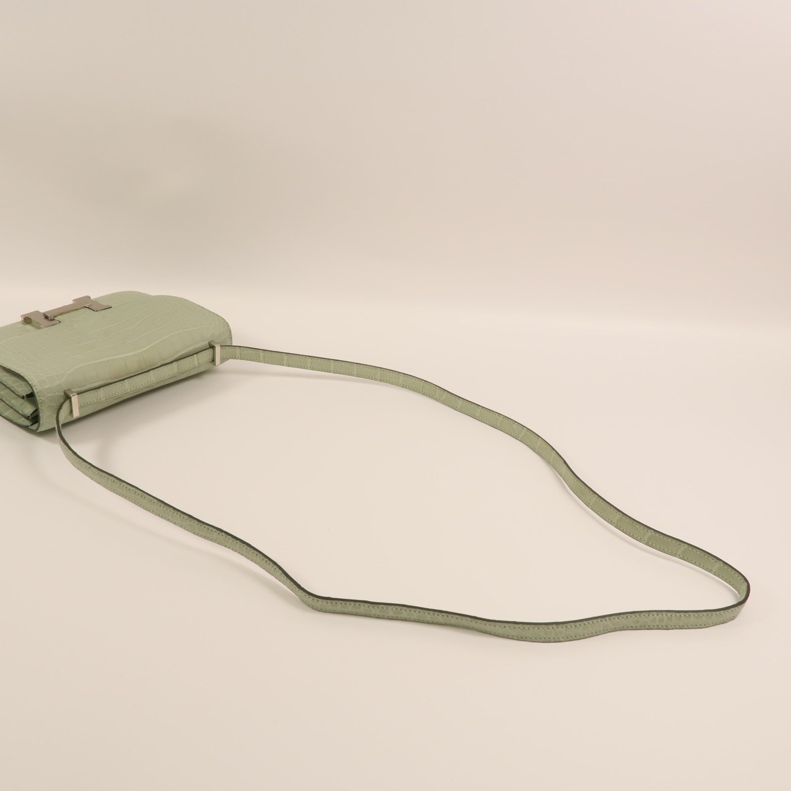 HERMES Alligator Mat皮革Constance Mini銀扣肩背袋Vert d'Eau