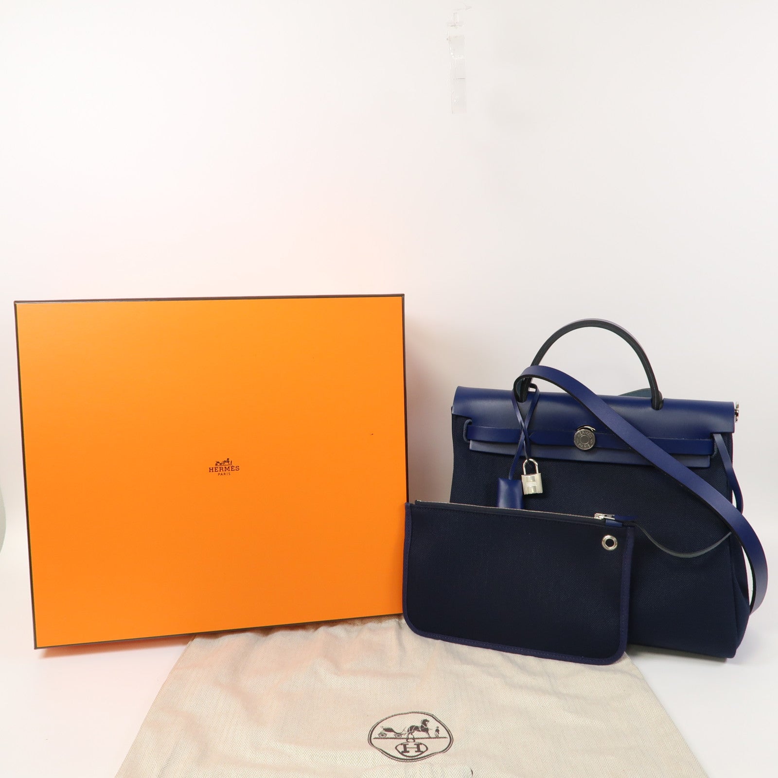 HERMES 帆布/皮革Herbag PM銀扣手挽肩背兩用袋寶石藍色