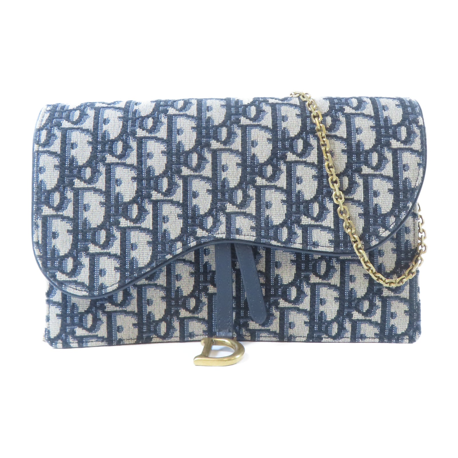 Dior 帆布Oblique Saddle金扣鏈帶肩背袋深藍色/米色