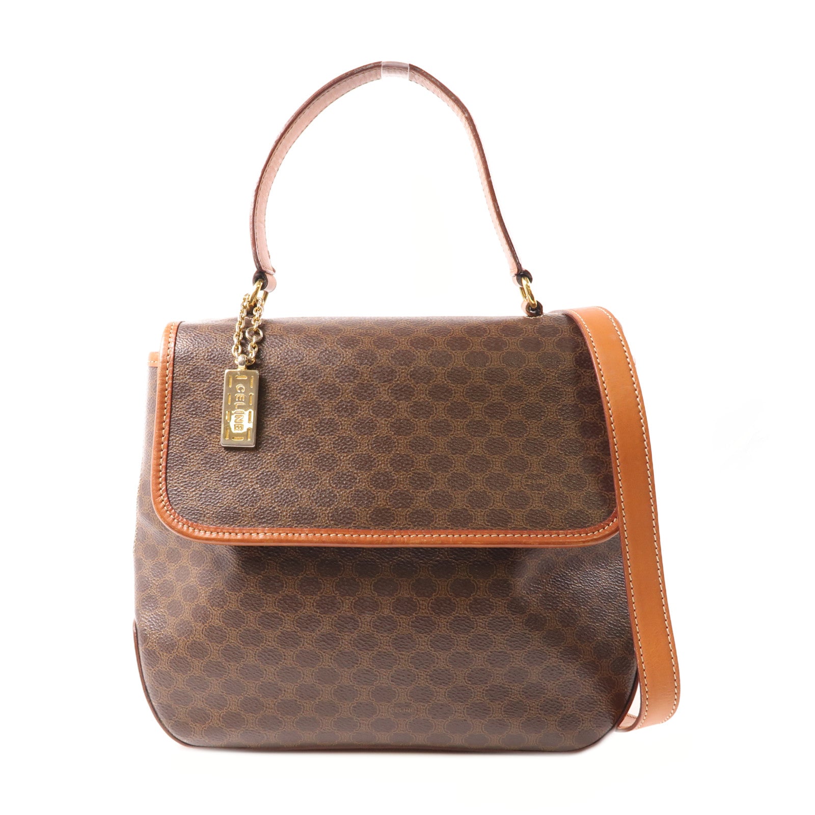 CELINE 塗層帆布2 Way Shoulder金扣手挽肩背兩用袋棕色