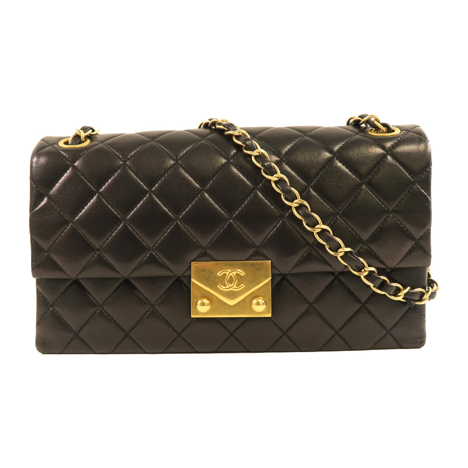 CHANEL 【激減優惠】菱格羊皮皮革Chain Shoulder金扣鏈帶肩背袋黑色