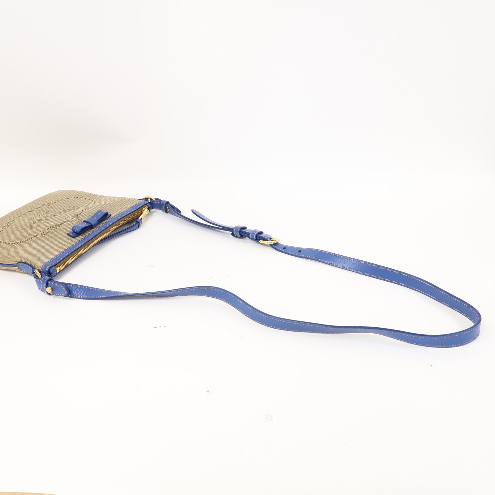 PRADA 帆布Logo Jacquard Shoulder Bag金扣肩背袋藍色/啡色