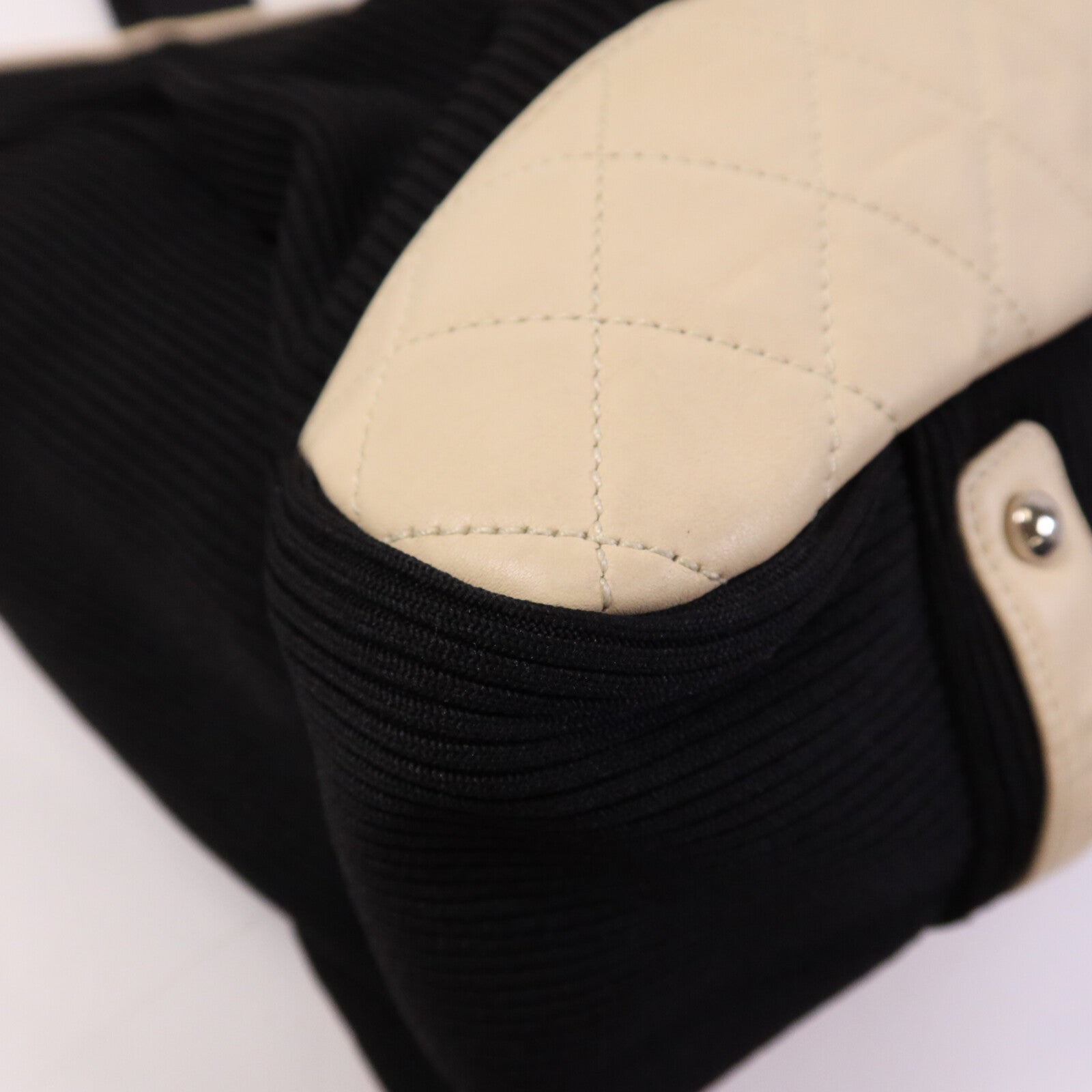 CHANEL 牛皮皮革/帆布Tote Bag銀扣肩背袋