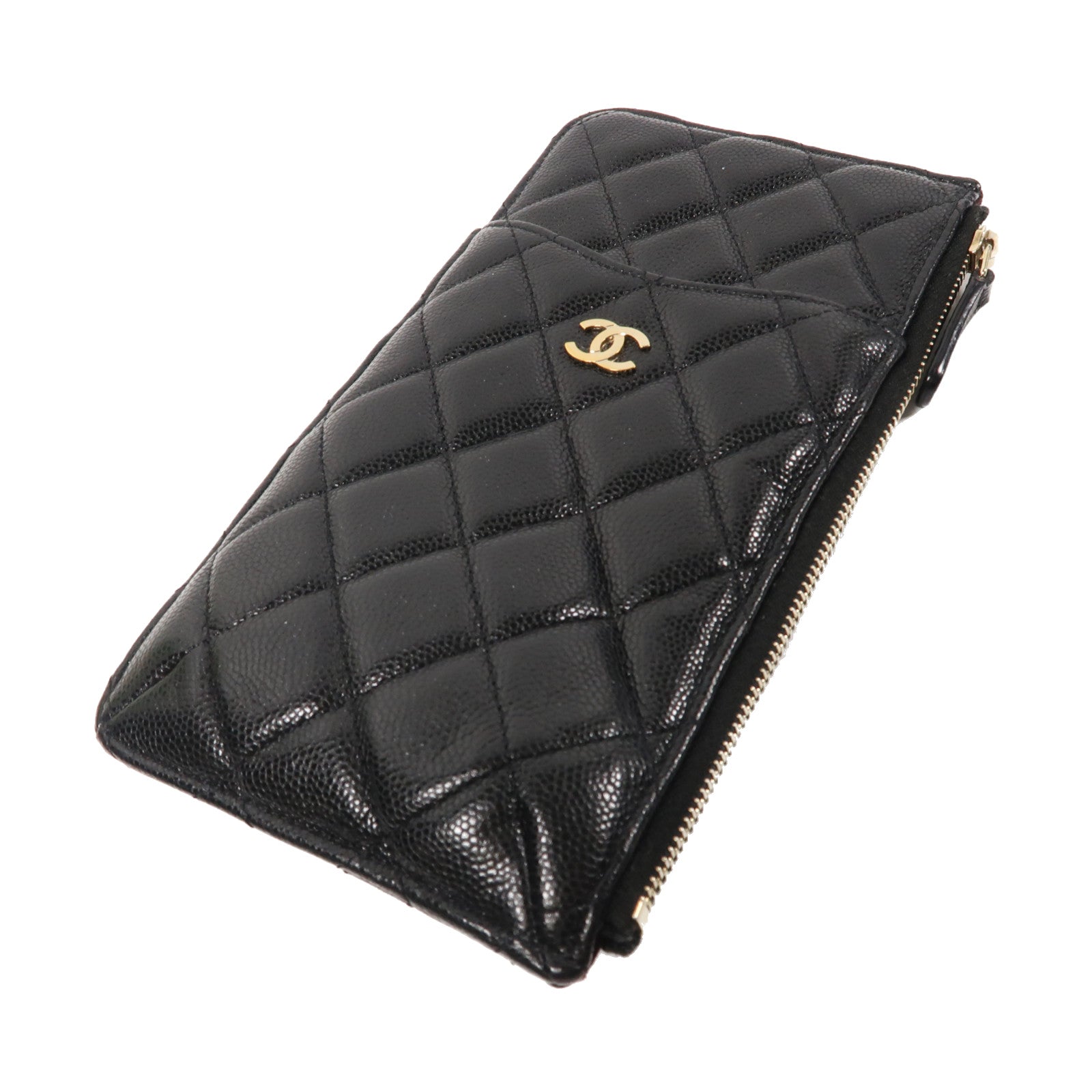 CHANEL 菱格Caviar皮革Zipper Long Wallet金扣拉鍊長錢包黑色