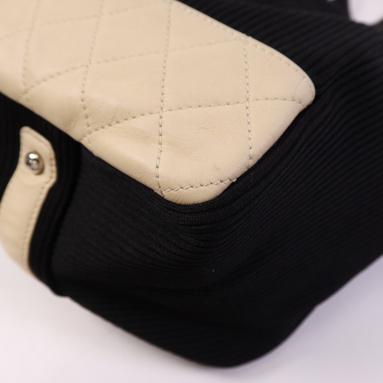 CHANEL 牛皮皮革/帆布Tote Bag銀扣肩背袋