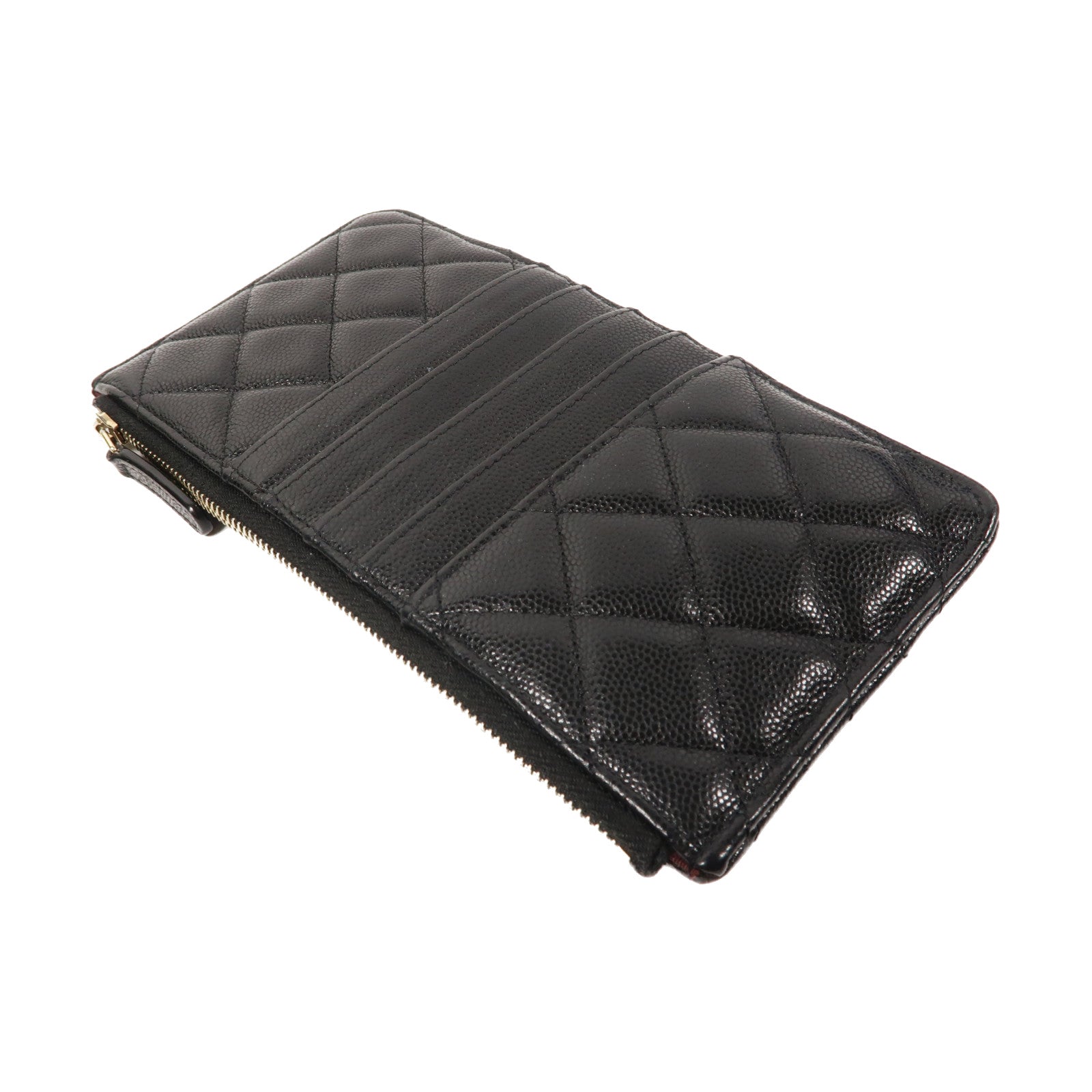 CHANEL 菱格Caviar皮革Zipper Long Wallet金扣拉鍊長錢包黑色