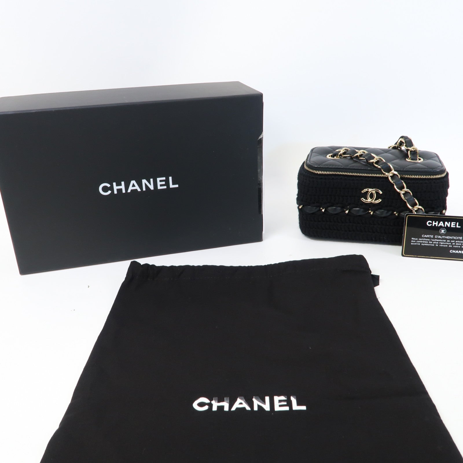 CHANEL 【激減優惠】菱格羊皮皮革/布料Vanity Case金扣鏈帶肩背袋黑色