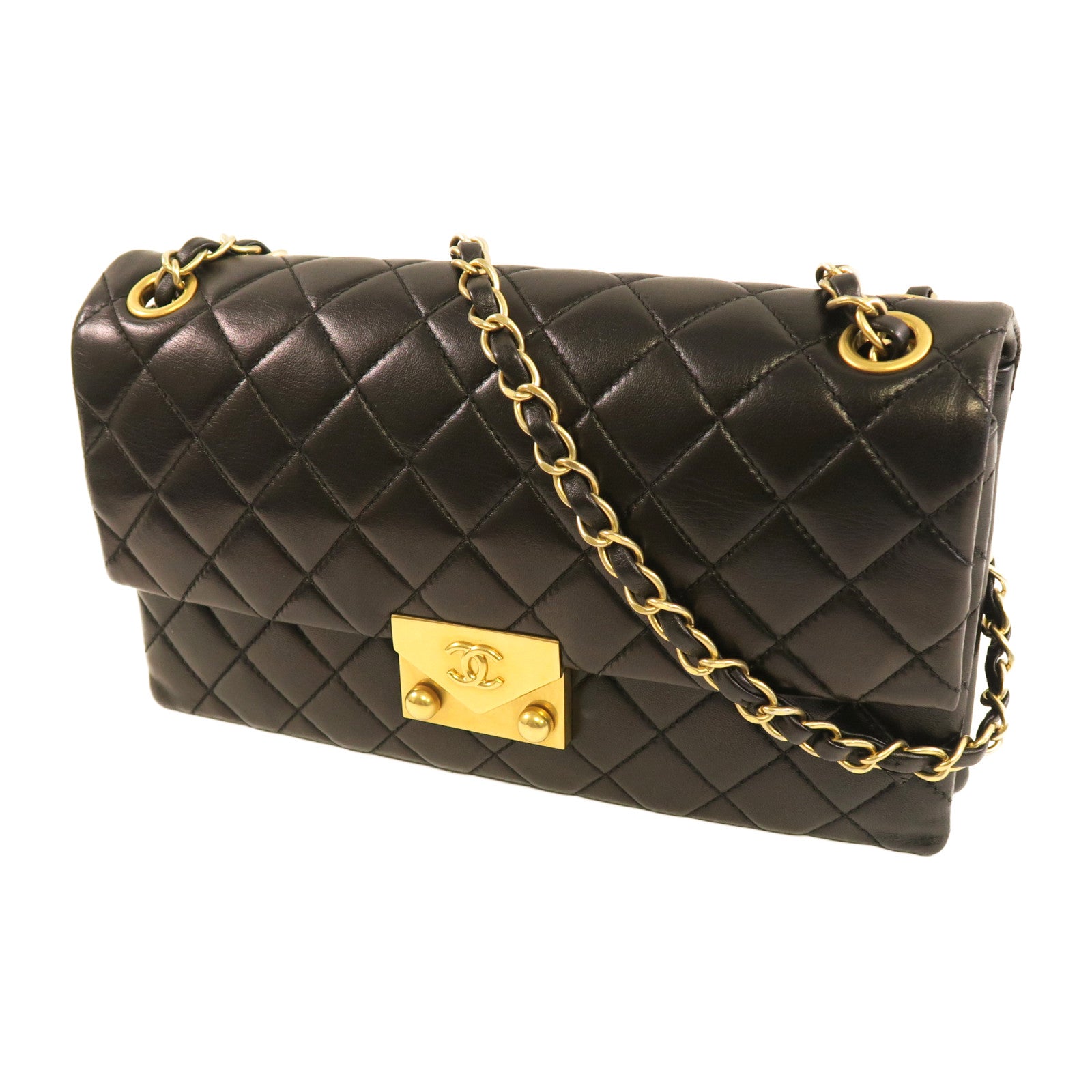 CHANEL 【激減優惠】菱格羊皮皮革Chain Shoulder金扣鏈帶肩背袋黑色