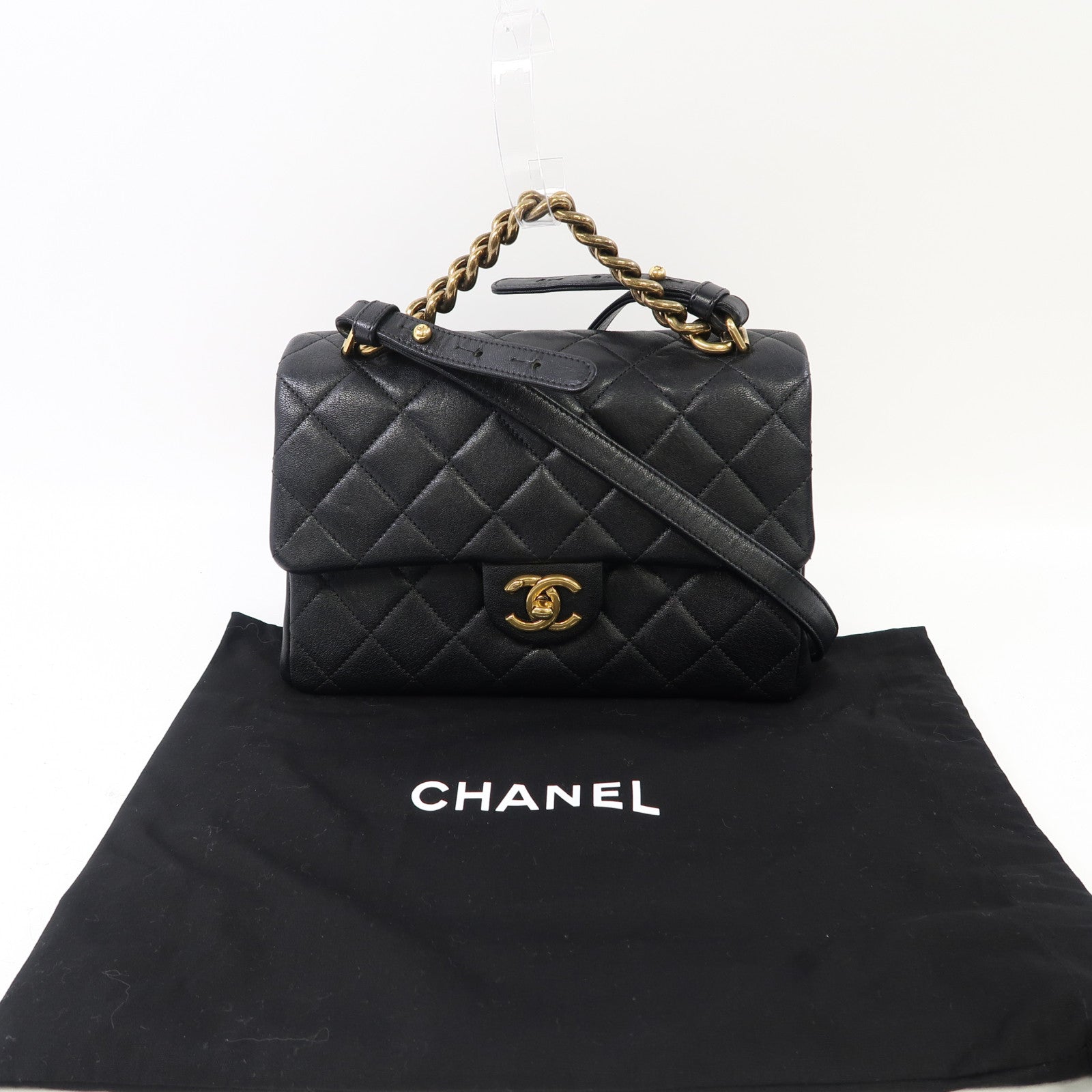 CHANEL 菱格牛皮皮革Shoulder Bag金扣手挽肩背兩用袋黑色