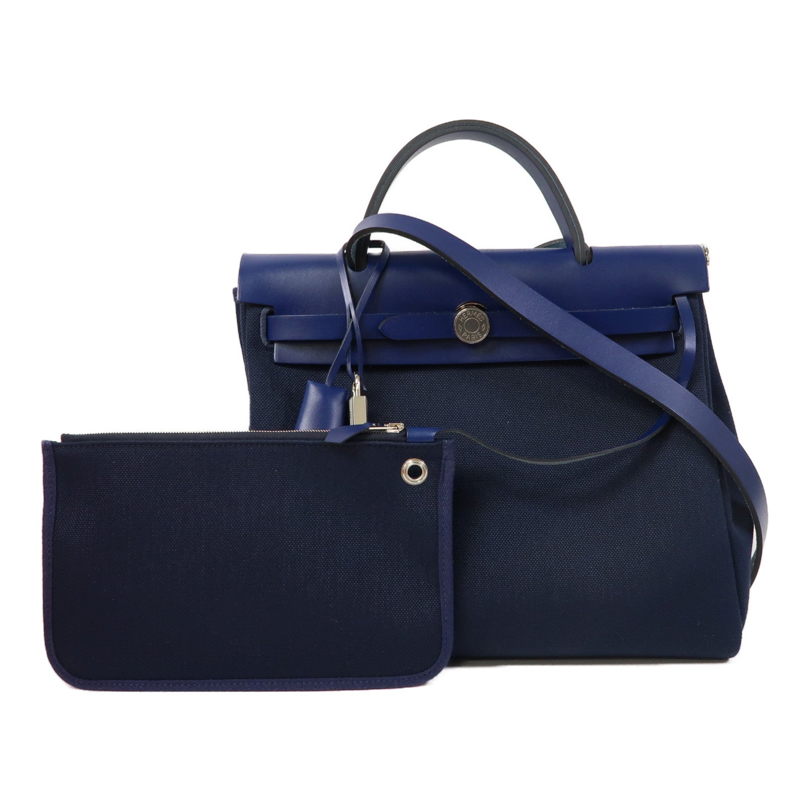 HERMES 帆布/皮革Herbag PM銀扣手挽肩背兩用袋寶石藍色