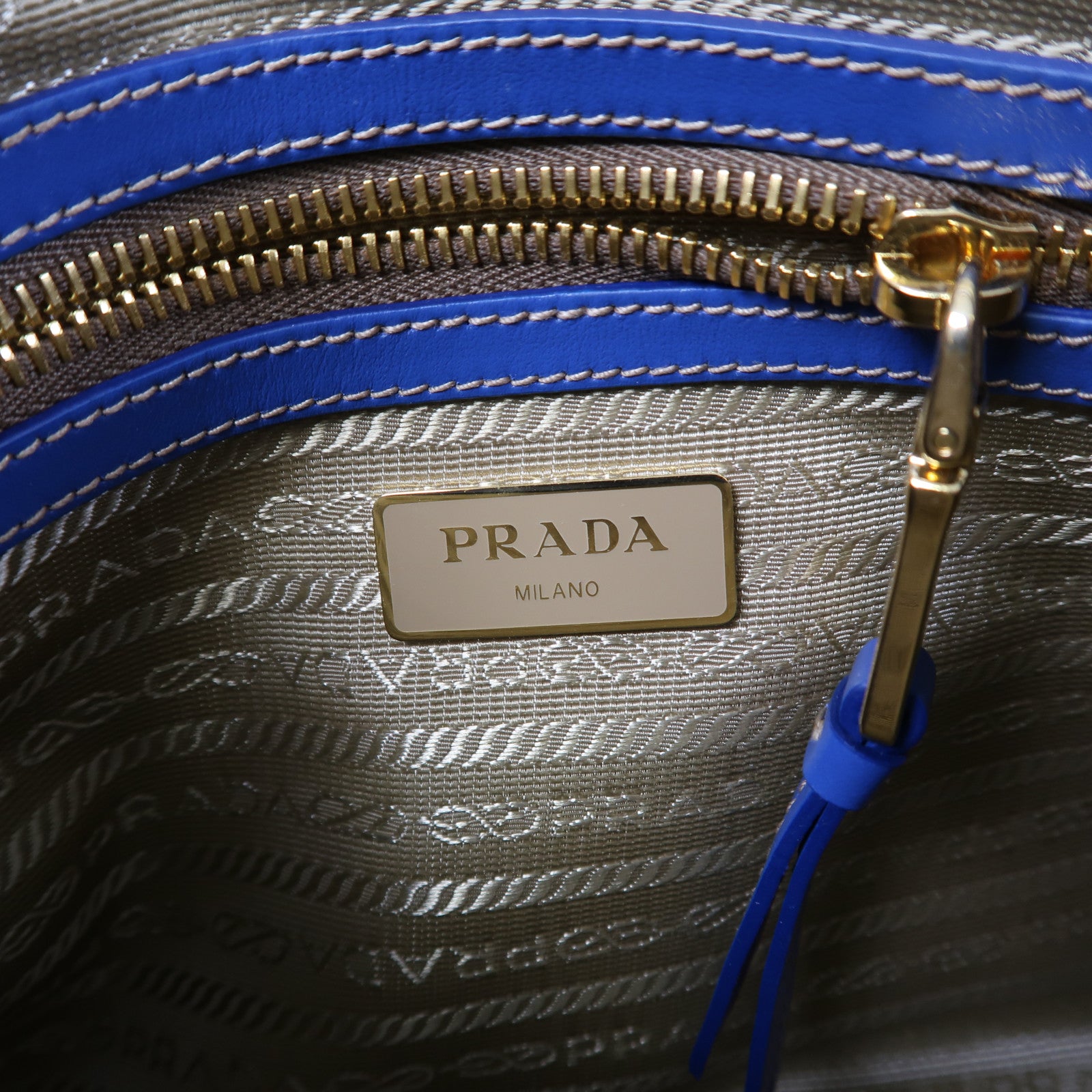 PRADA 帆布Logo Jacquard Shoulder Bag金扣肩背袋藍色/啡色